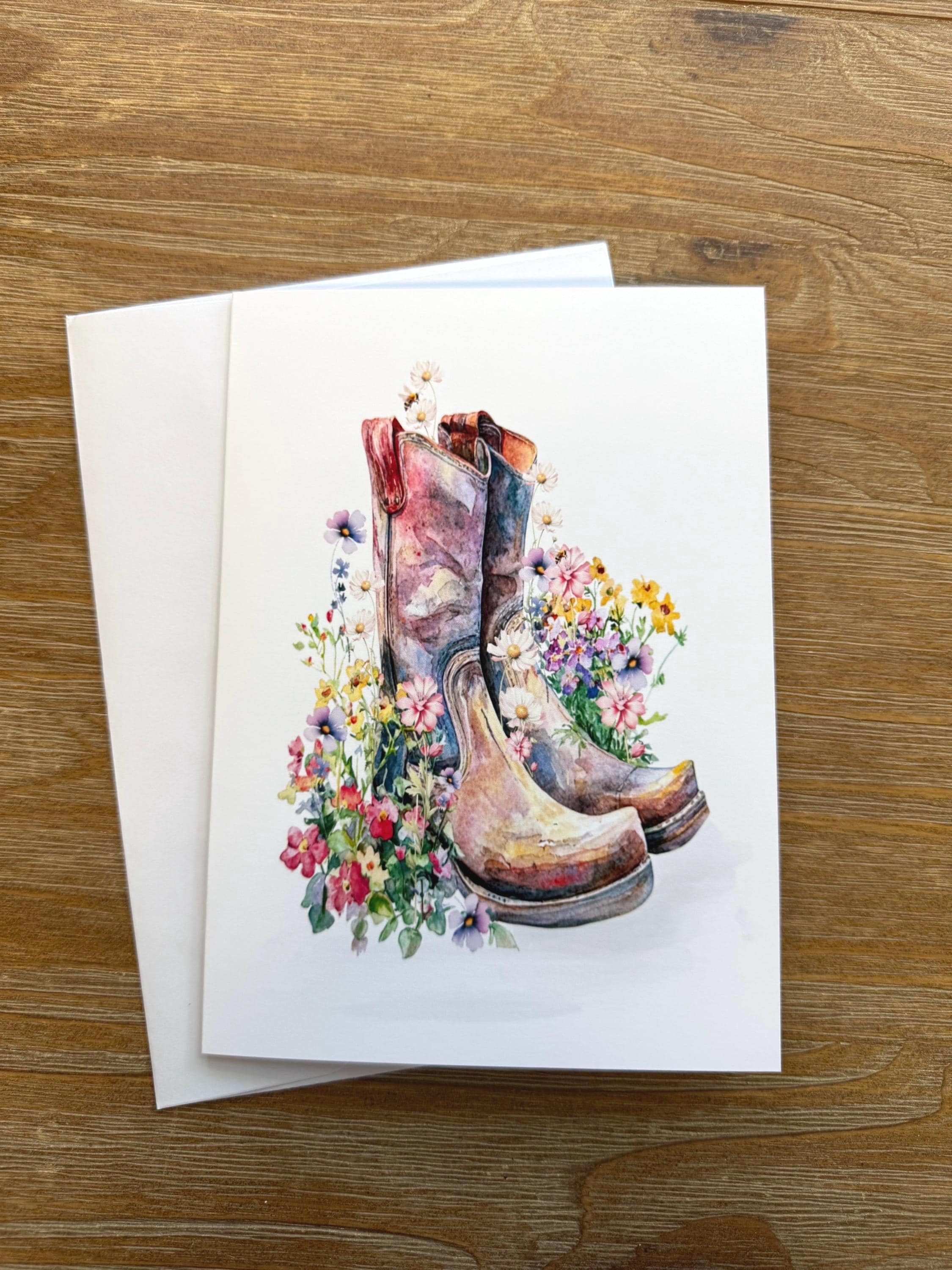 Old Cowboy Boots In A Field Of Flowers -Flowers, Greeting Card Blank , all occasion Card, sticker to match card