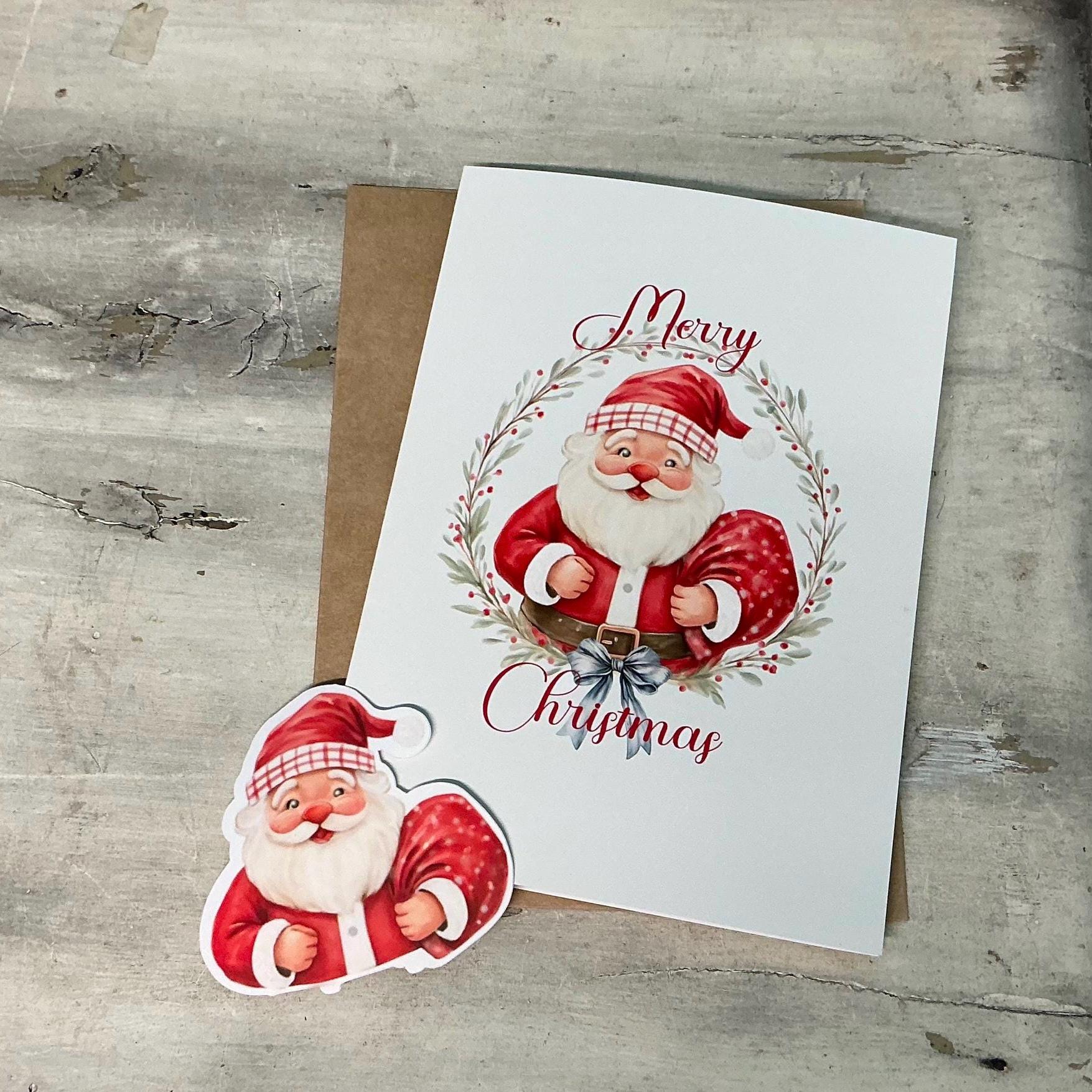 HoHo Santa Vintage Style - Greeting Card Blank , Christmas Card, sticker to match card