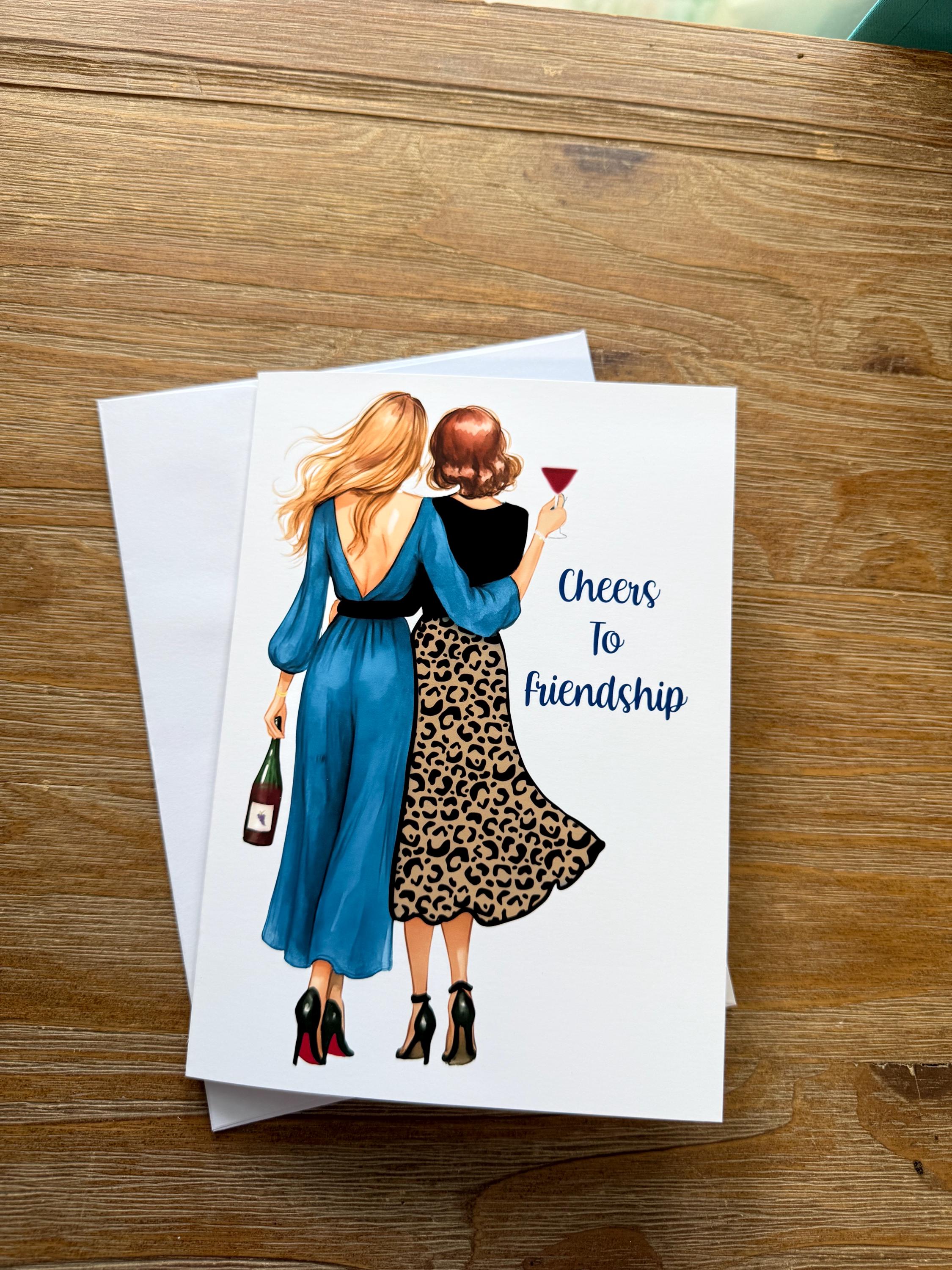 Friendship Card Cheers To Friendship for your bestie   - Greeting Card Blank , all occasion Card, sticker to match card