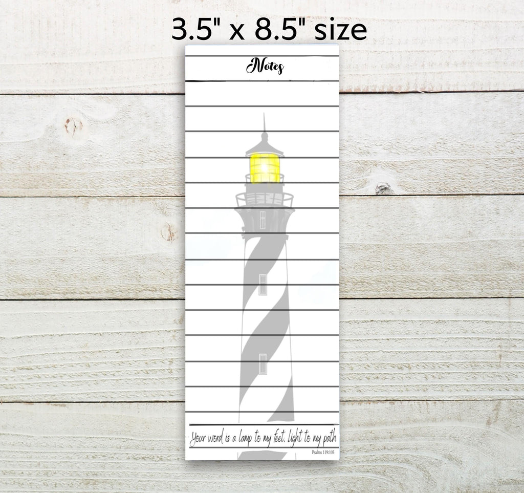 A 3.5&quot; x 8.5&quot; size notepad with a lighthouse illustration on it.