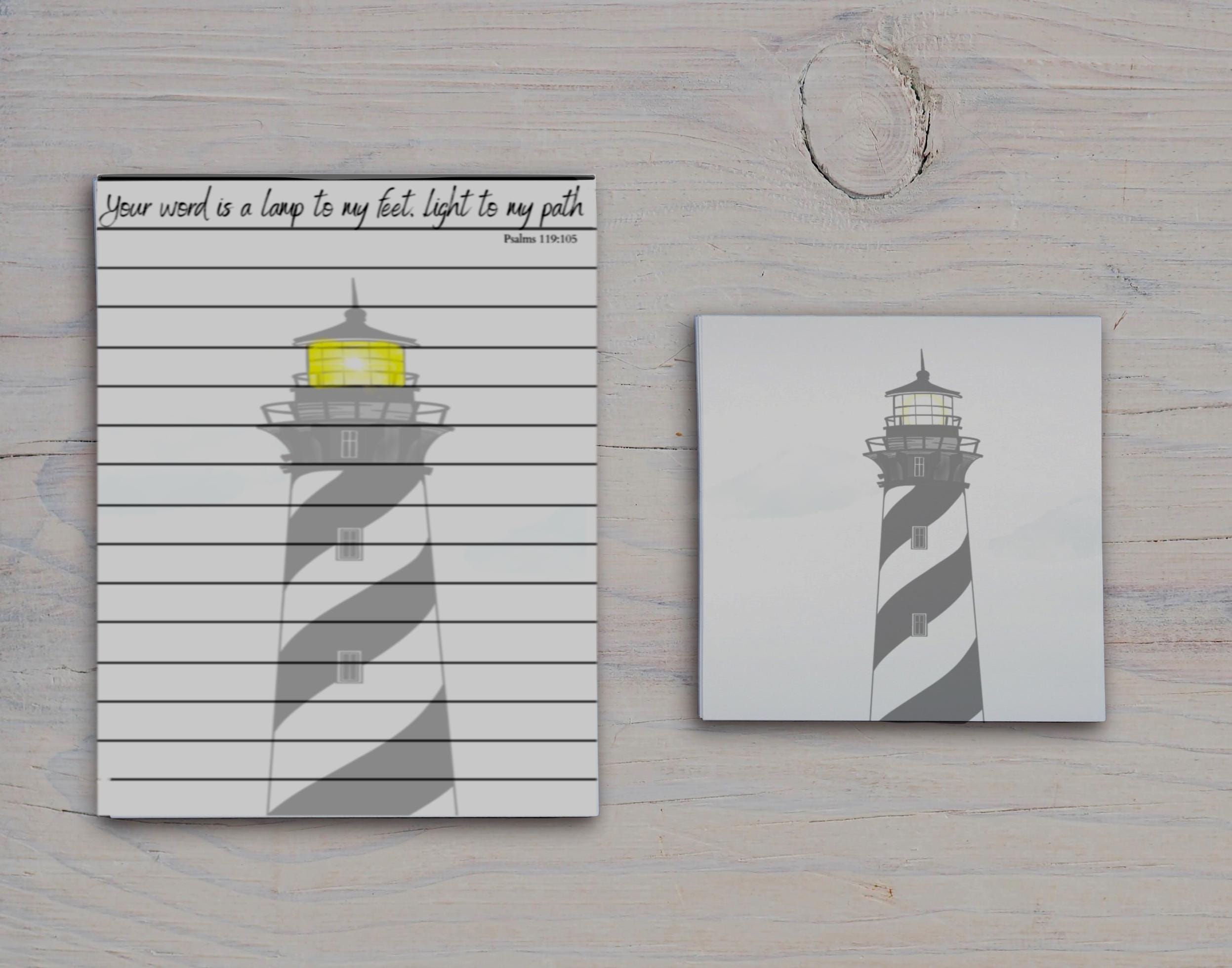 a lighthouse with a yellow light on top, and a smaller image of the same lighthouse.
