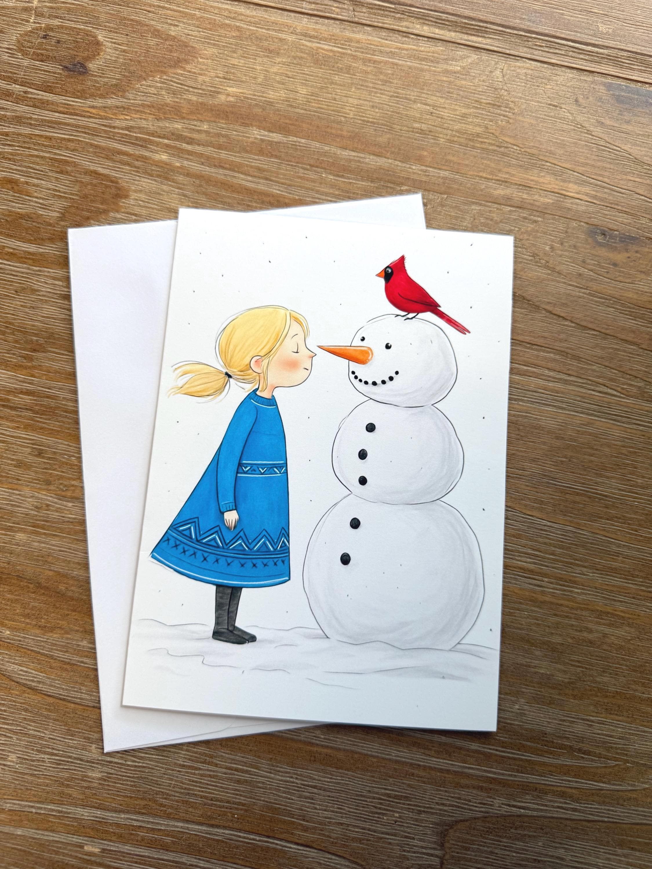 Whimsical Girl With Snowman - Greeting Card Blank , all occasion Card, Christmas Card, Red Cardinal