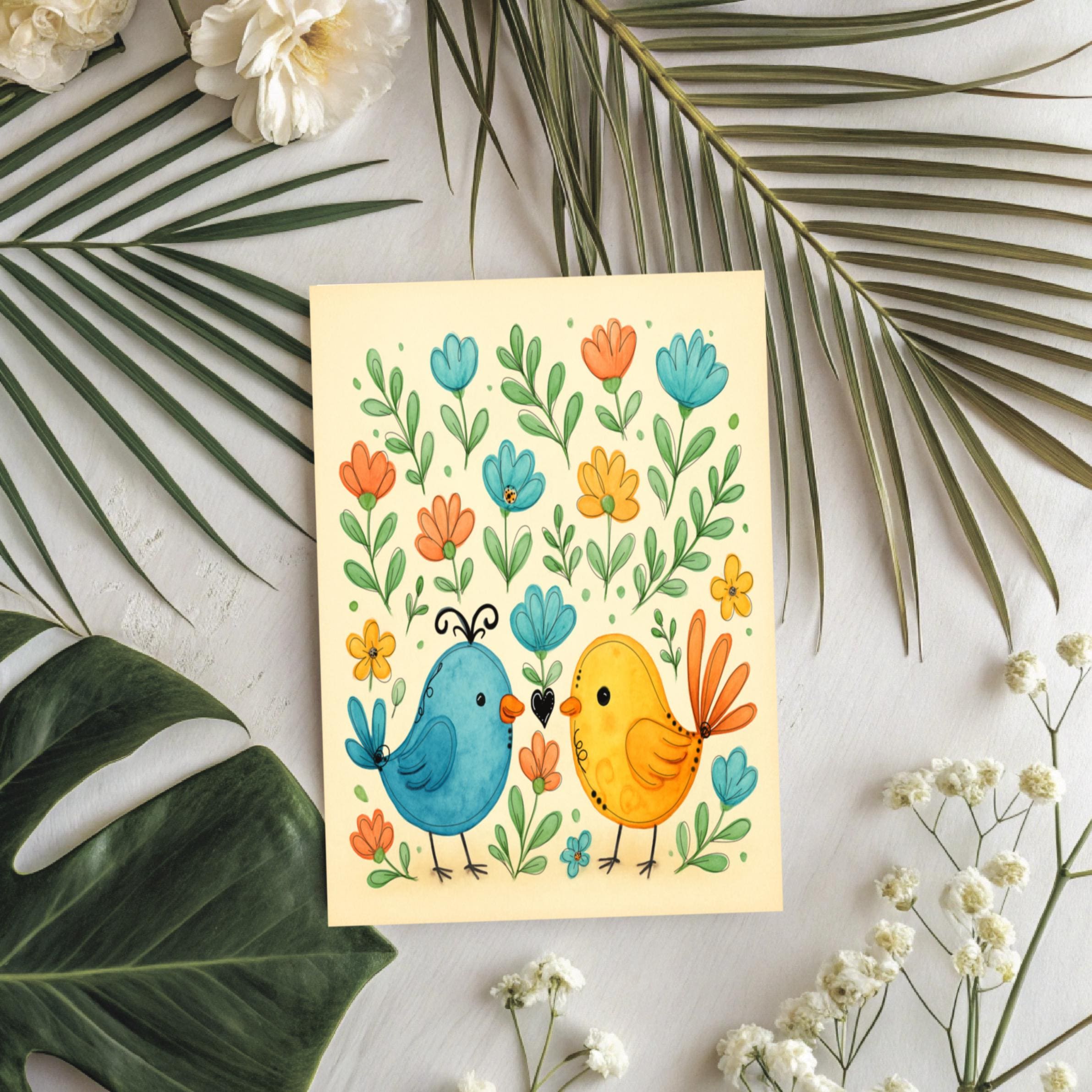Love Birds With Flowers Fun And Whimsical  - Greeting Card Blank , all occasion Card, sticker to match card