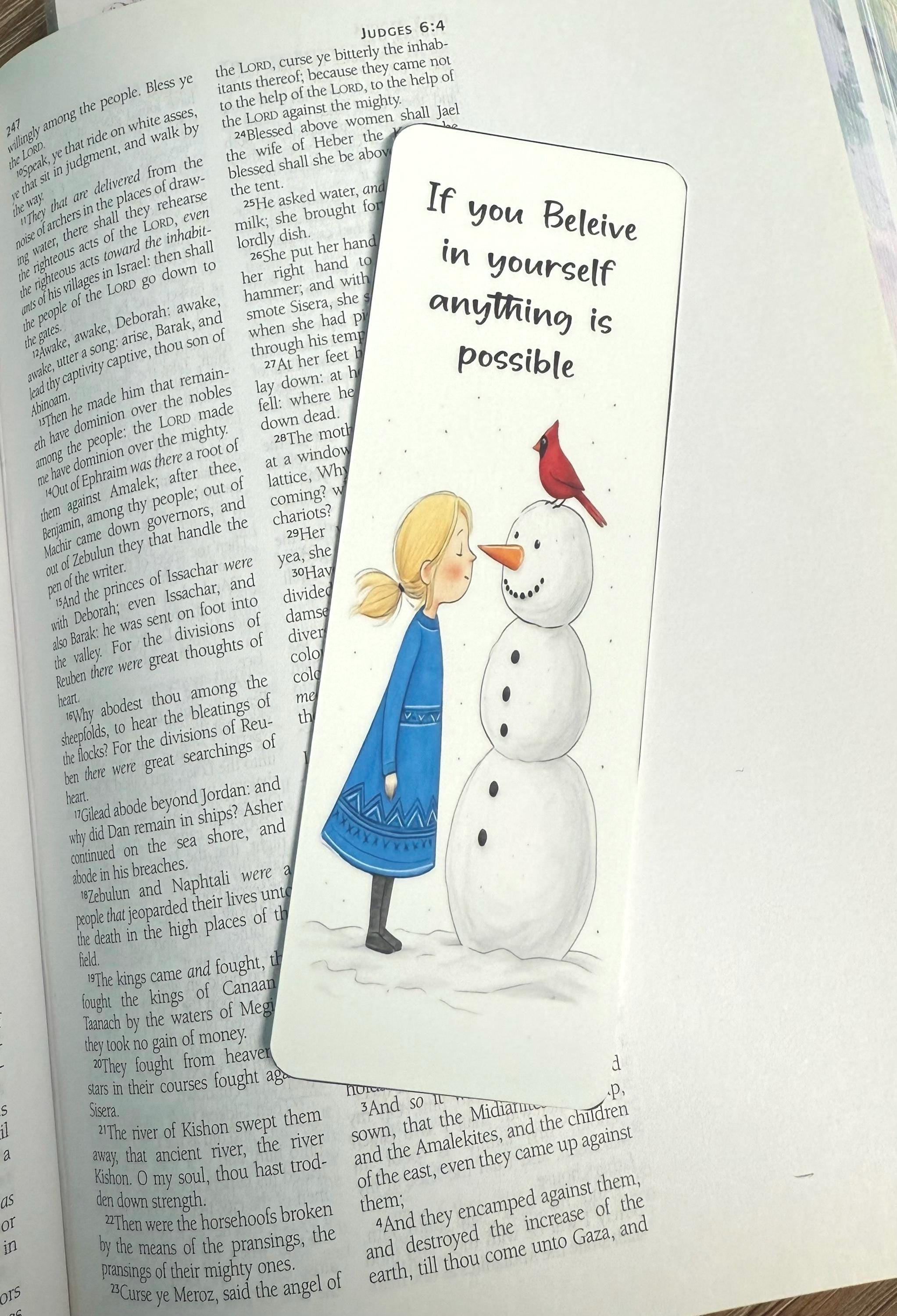 Snowman And Girl Bookmark , Snowman With Cardinal