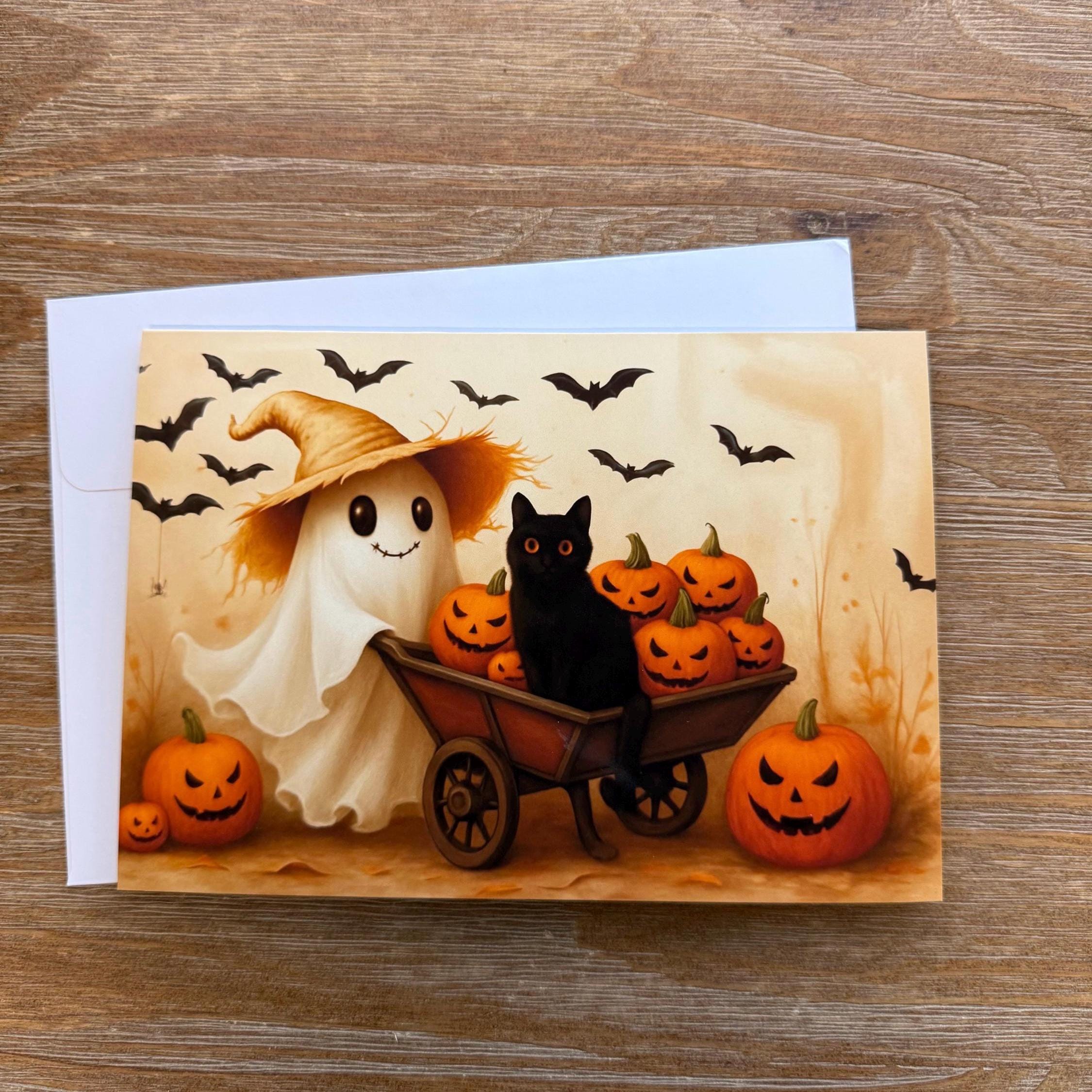 Spooky Halloween Card   -Ghost And Pumpkins , Greeting Card Blank , Halloween card, sticker to match card