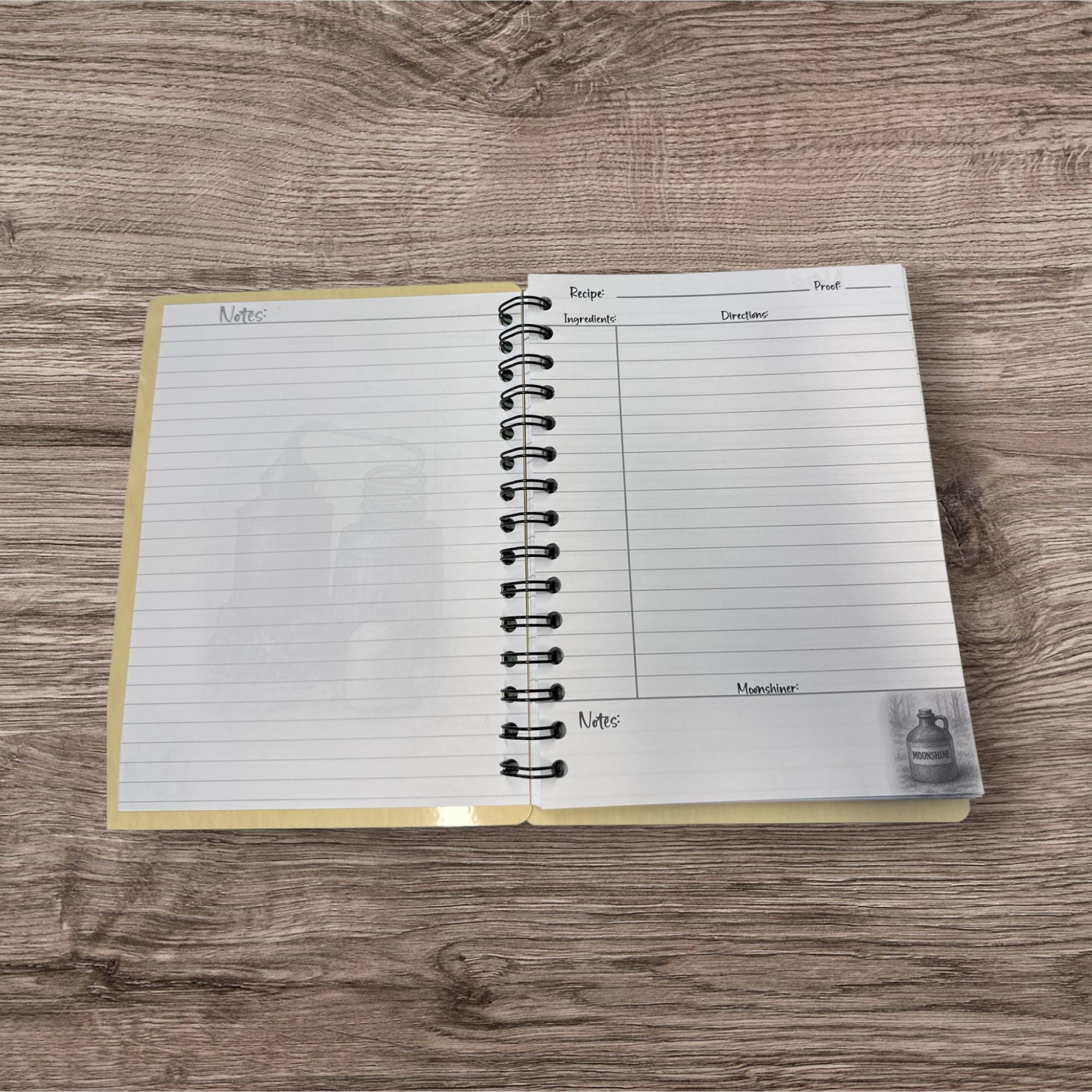 an open spiral-bound notebook resting on a wooden surface. The notebook has blank lined pages and a page with a list of notes.