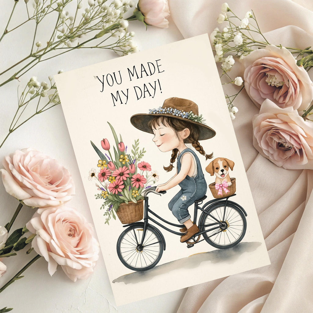Whimsical Girl With Puppy And Flowers - Greeting Card Blank , all occasion Card