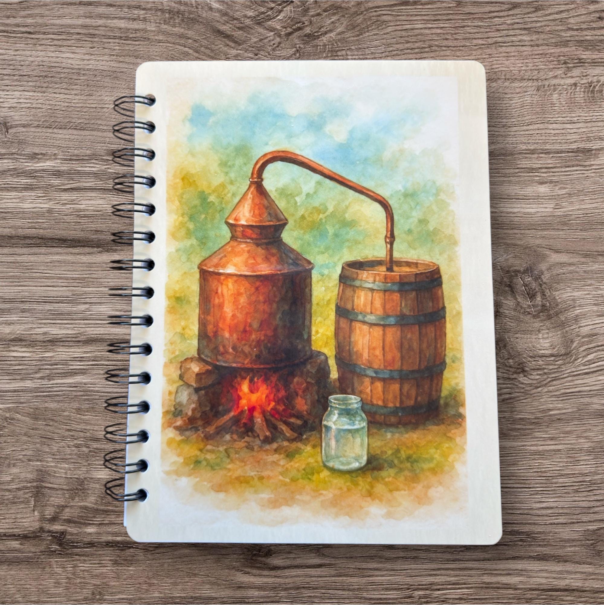 A copper distillation apparatus, including a copper still and a wooden barrel, is depicted in a watercolor painting on a spiral notebook.