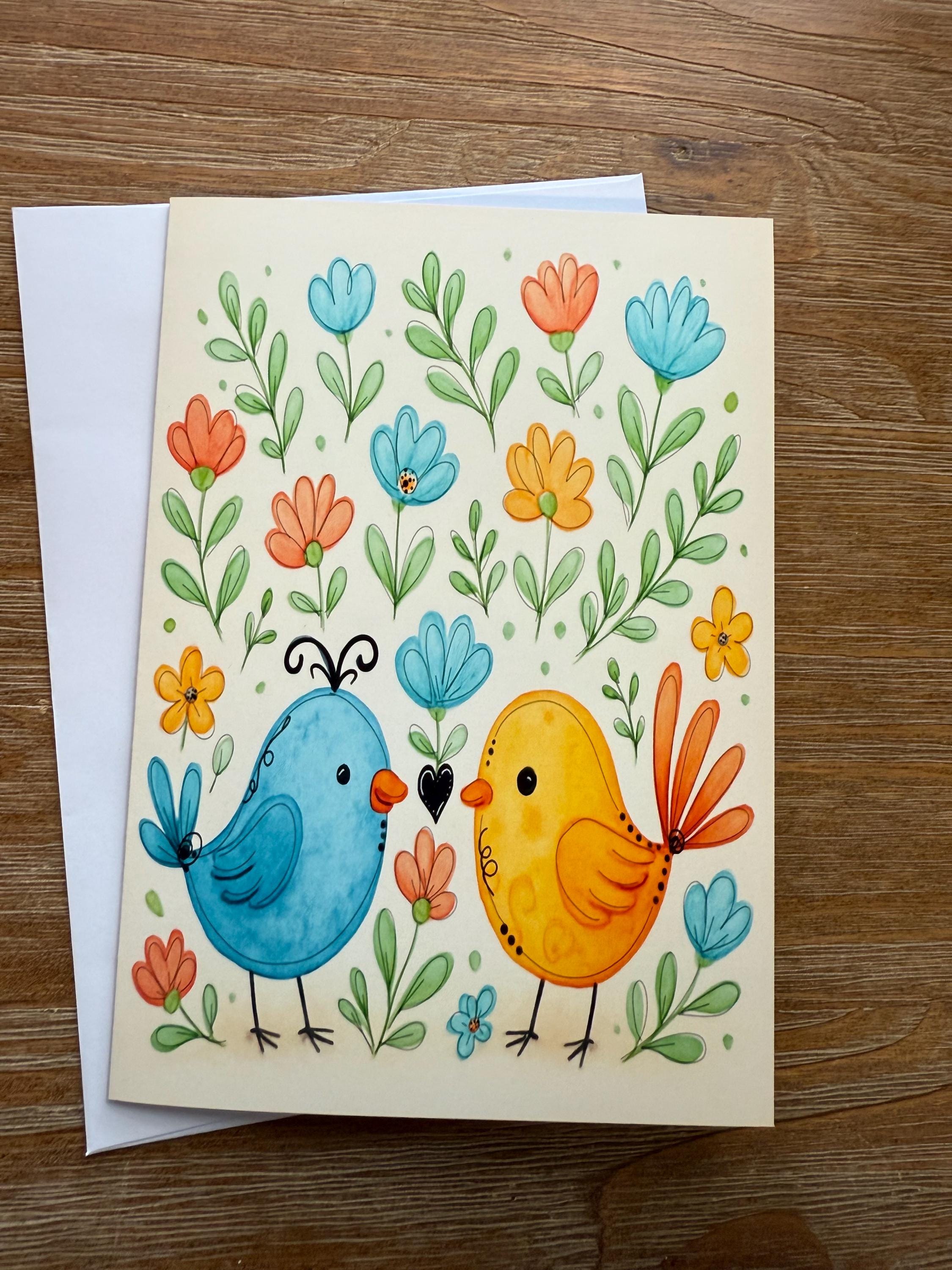 Love Birds With Flowers Fun And Whimsical  - Greeting Card Blank , all occasion Card, sticker to match card
