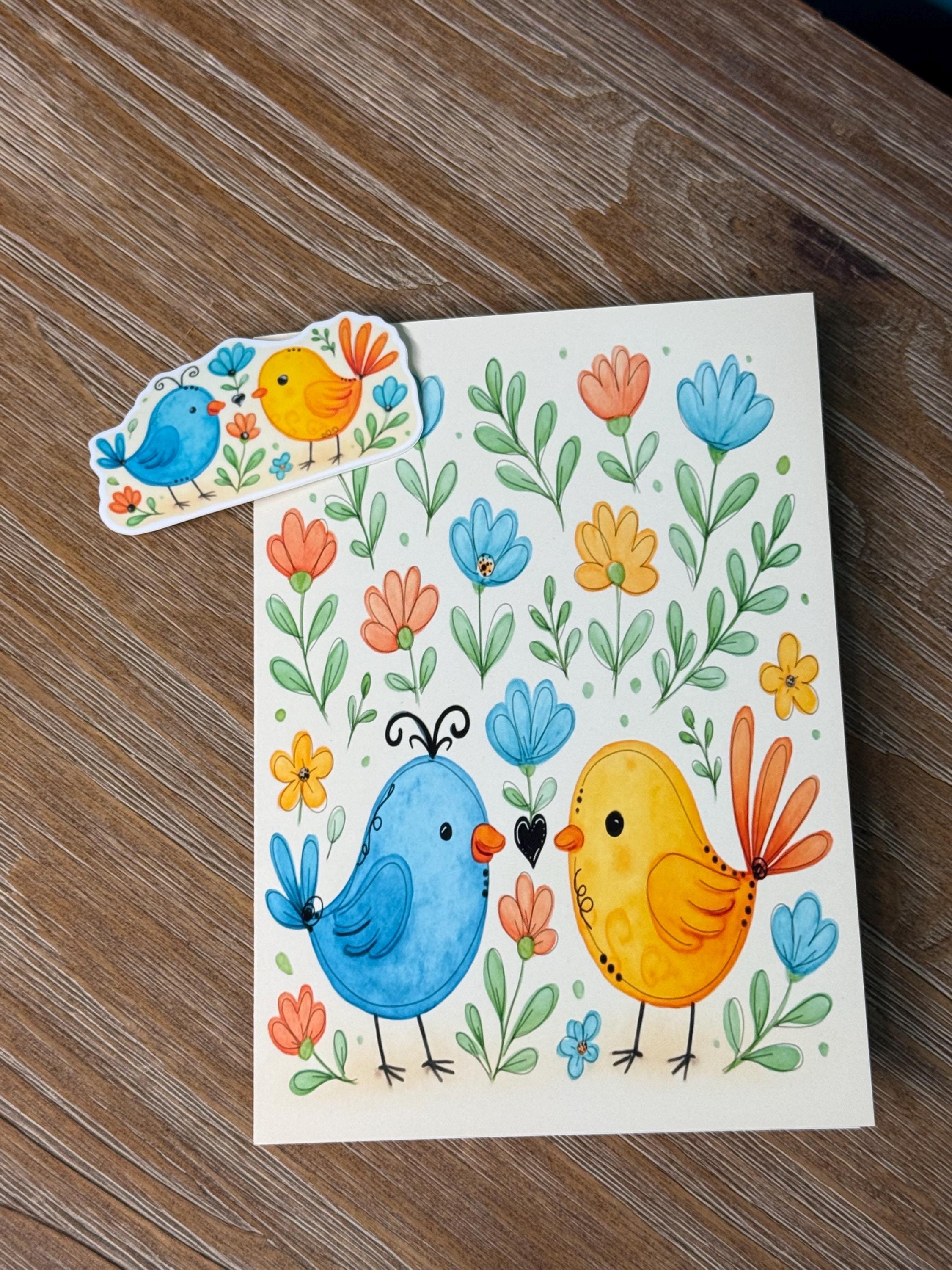 Love Birds With Flowers Fun And Whimsical  - Greeting Card Blank , all occasion Card, sticker to match card