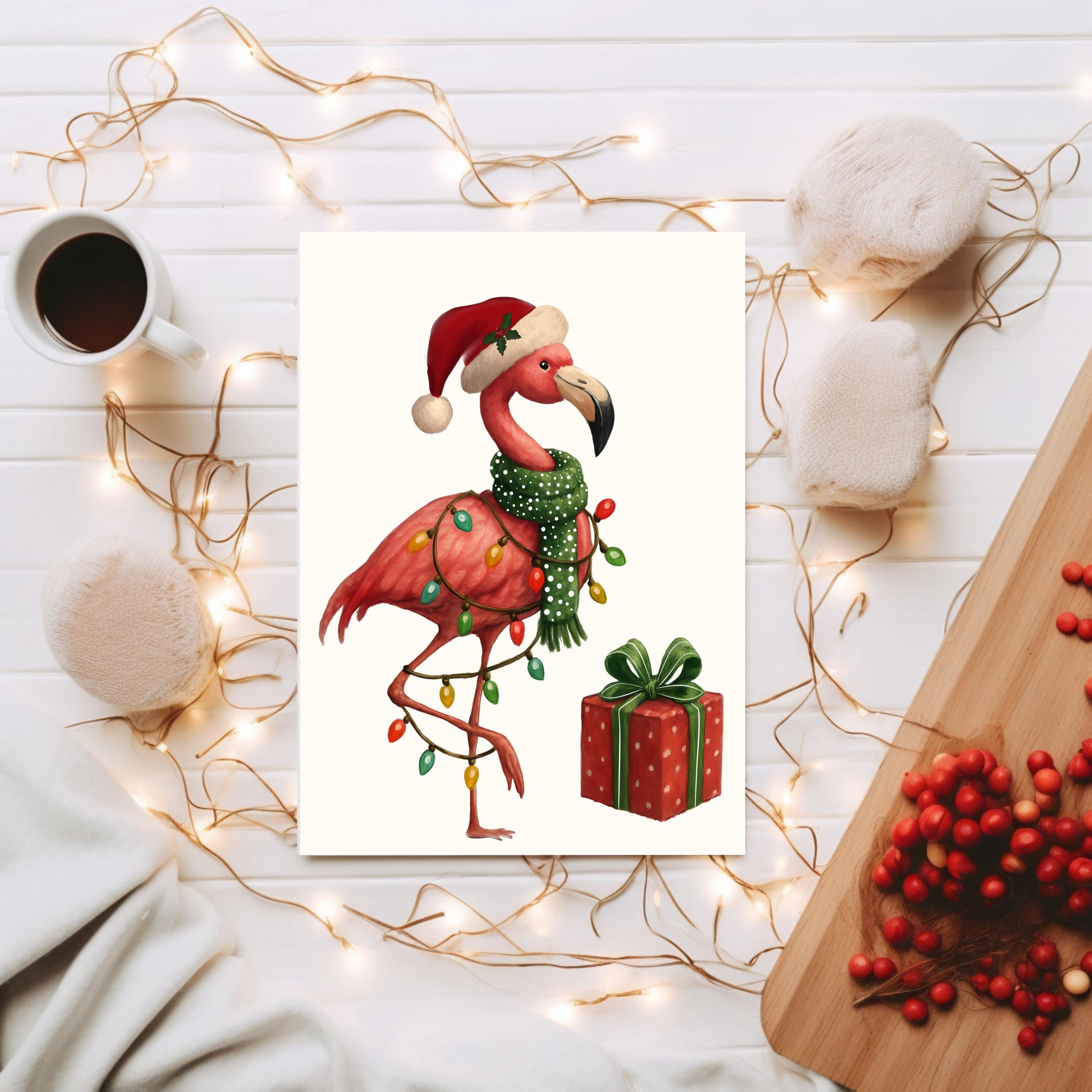 A festive scene featuring a pink flamingo wearing a Santa hat and scarf, holding a wrapped gift, surrounded by Christmas lights, a mug of coffee, and a wooden cutting board with berries.