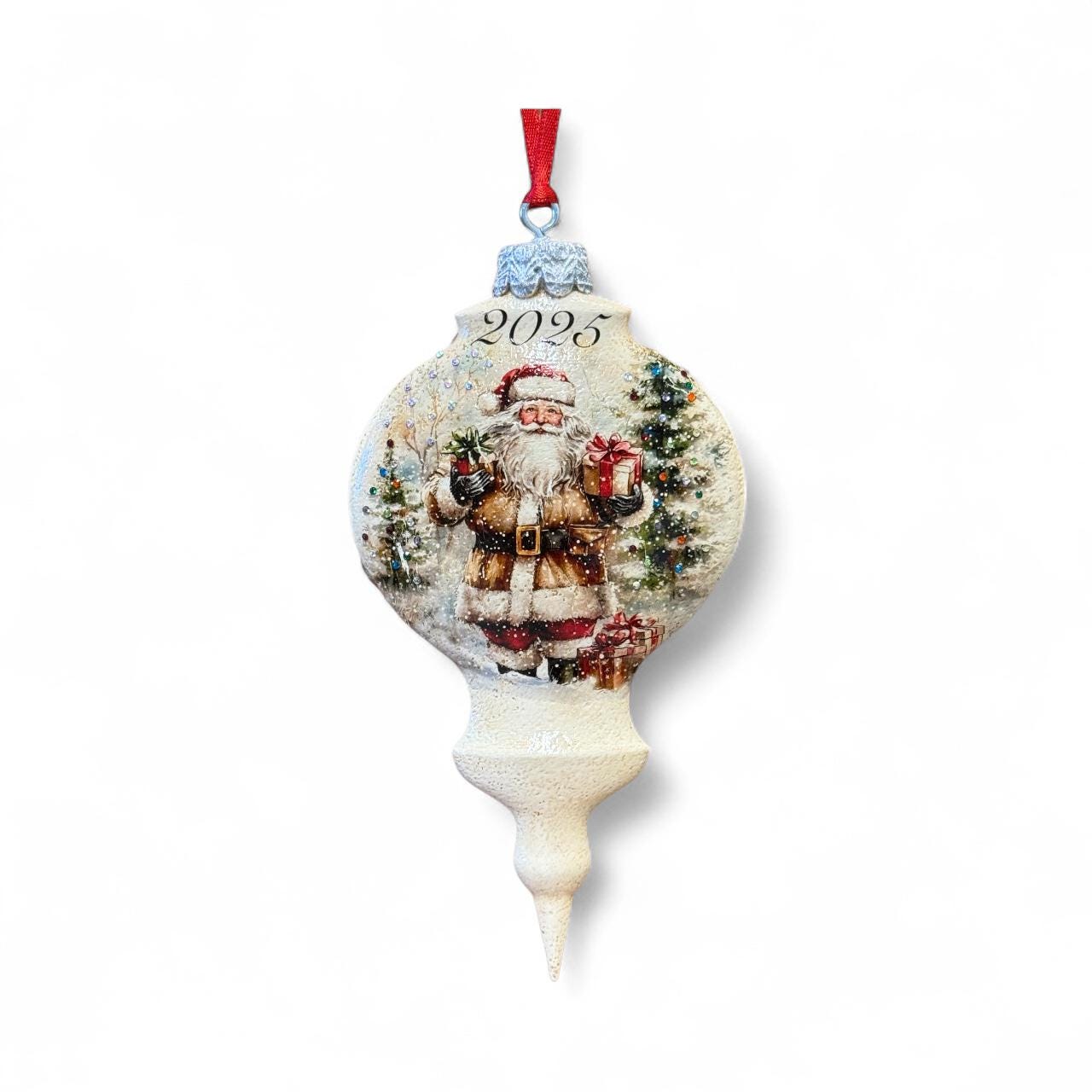 A Christmas ornament with a Santa Claus figure and a snow-covered landscape, along with the year "2025" displayed on the ornament.
