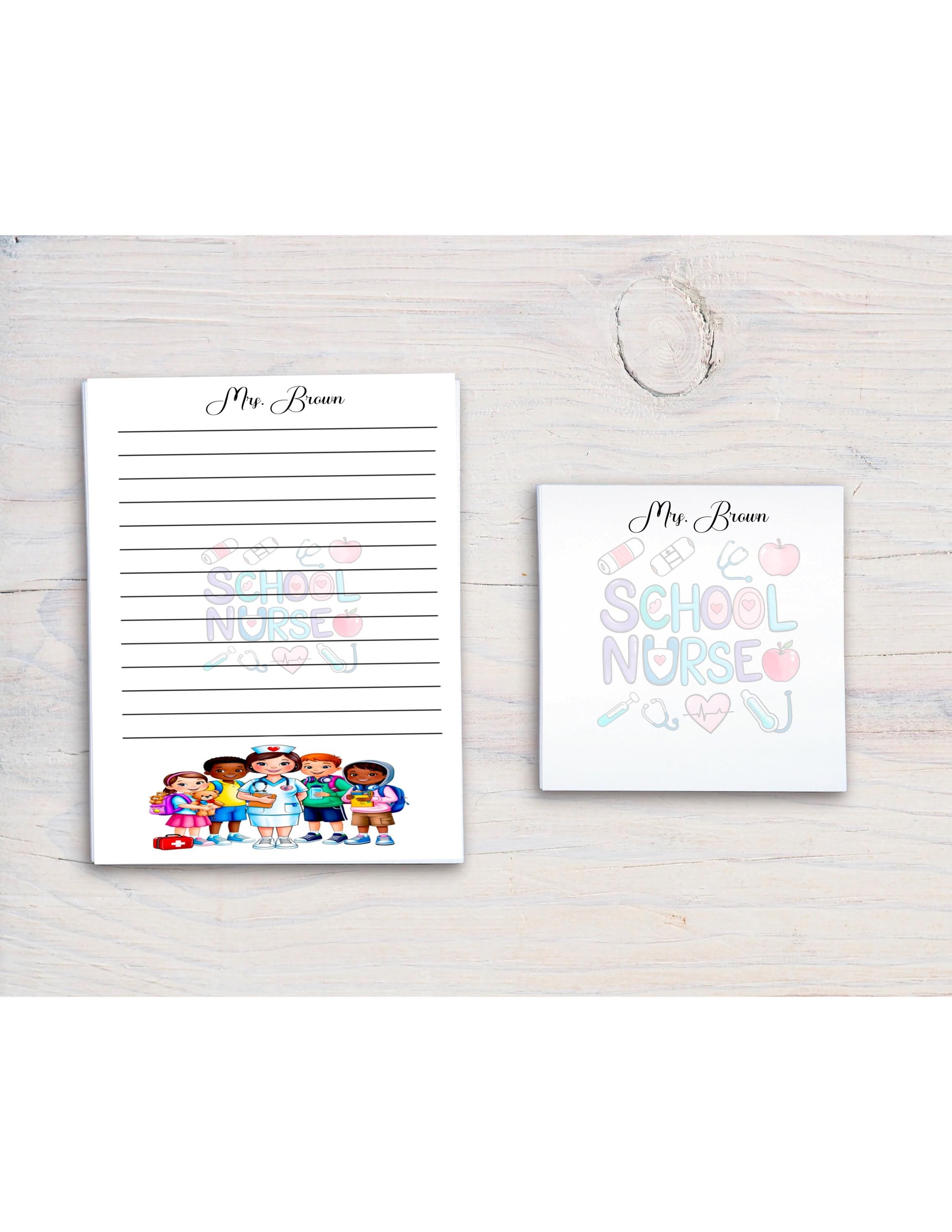 two items related to school or nursing, including a large notepad with a line drawing of children and the words &quot;School Nurse&quot; and a smaller square notepad with a drawing of a nurse and the words &quot;School Nurse&quot;.