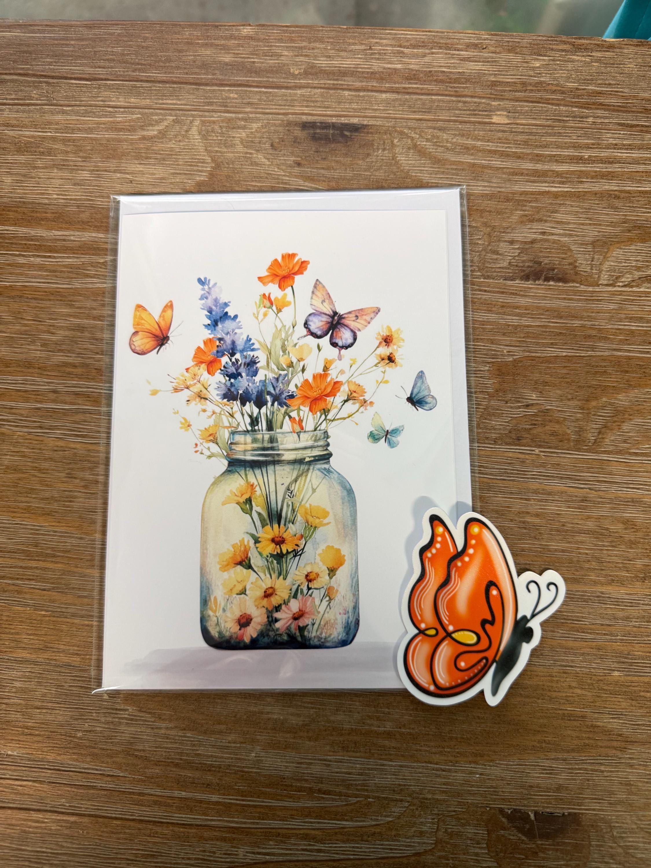 Jar Full Of Flowers    -Flowers, Greeting Card Blank , all occasion Card, sticker to match card
