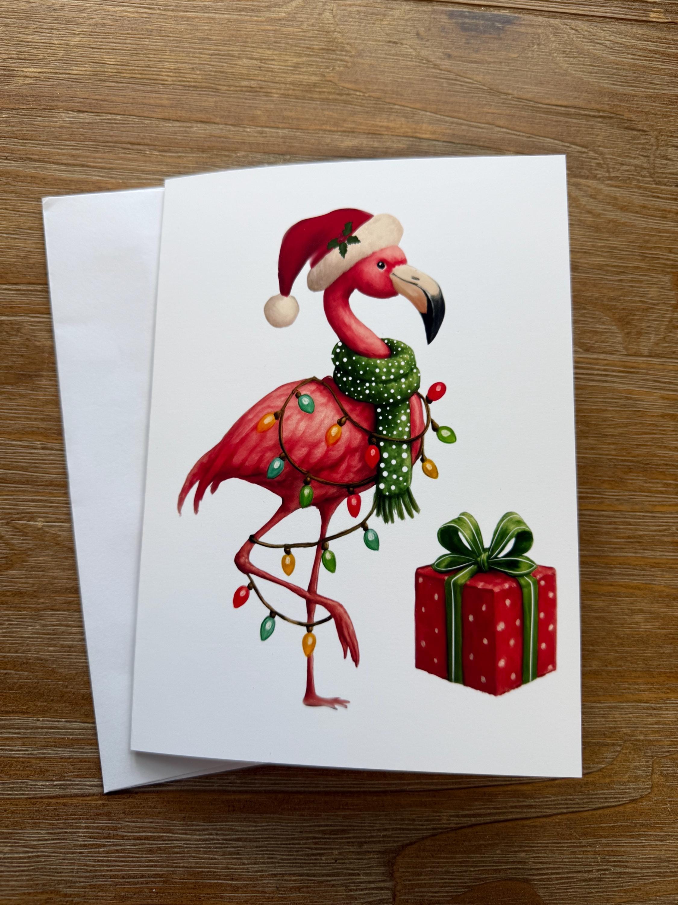 HoHo Flamingo All Wrapped Up In Christmas- Greeting Card Blank , Christmas Card, Flamingo Christmas all occasion Card, sticker to match card