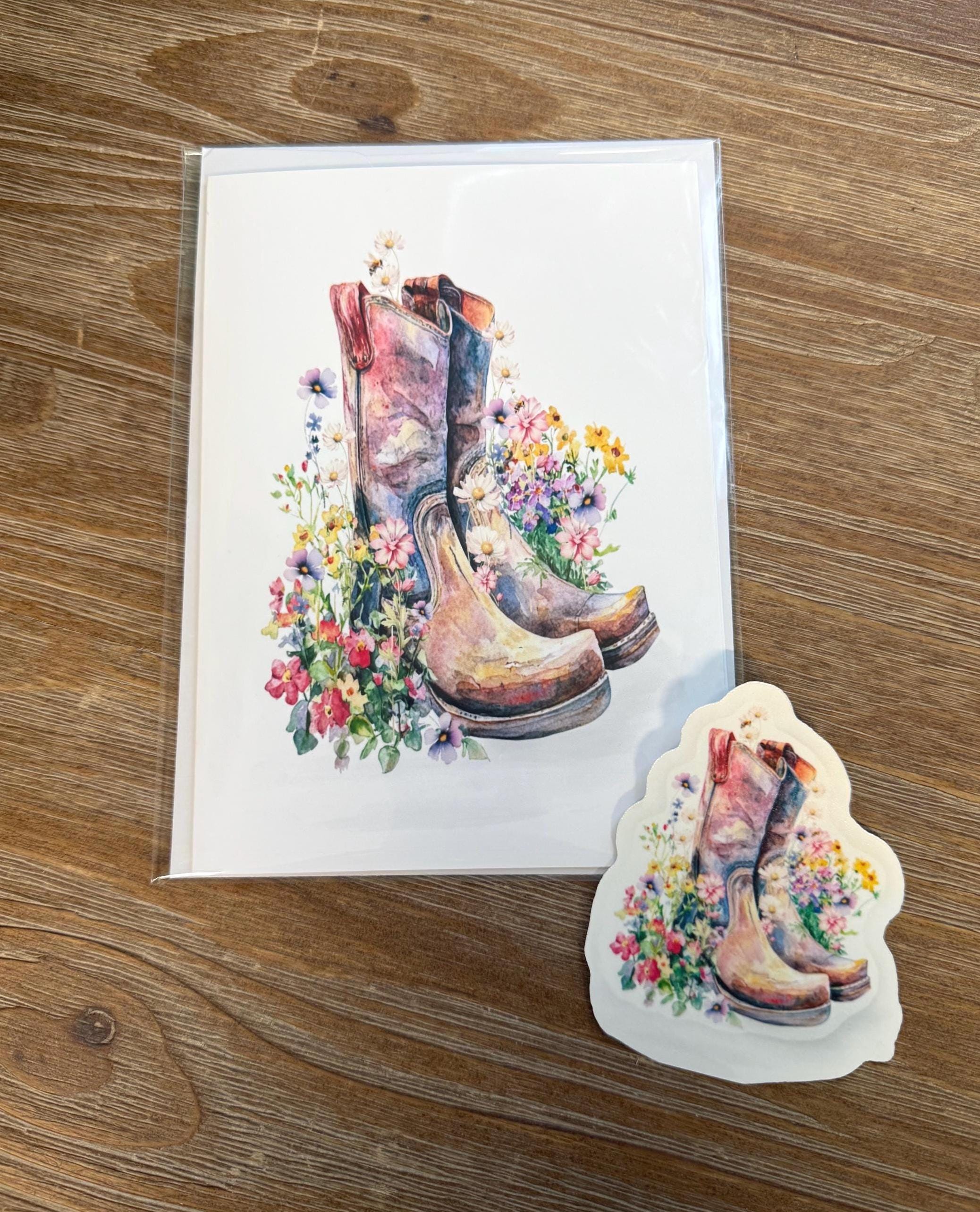 Old Cowboy Boots In A Field Of Flowers -Flowers, Greeting Card Blank , all occasion Card, sticker to match card