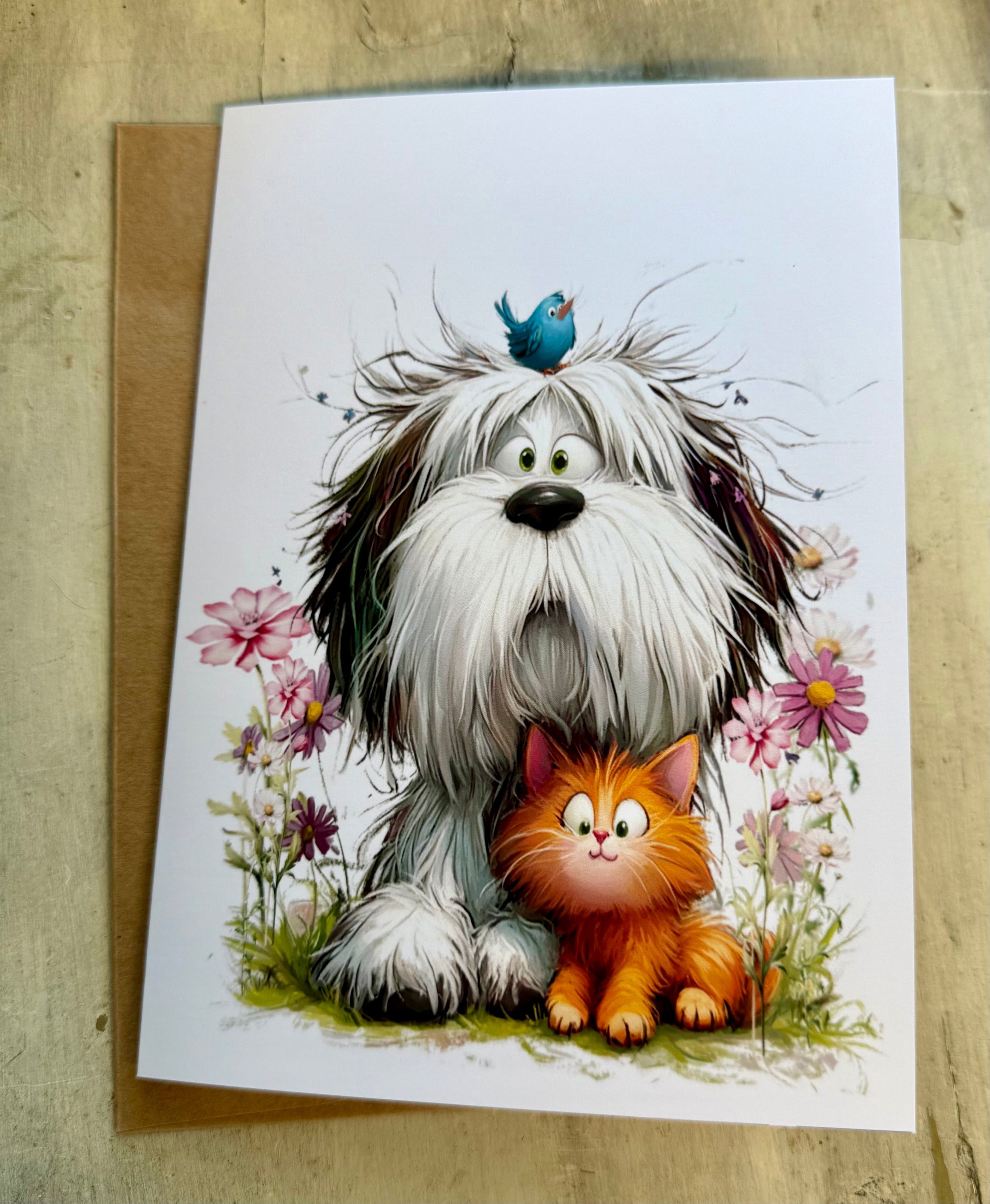 A white and black dog with a blue bird perched on its head, accompanied by an orange cat, all sitting together in a field with flowers.