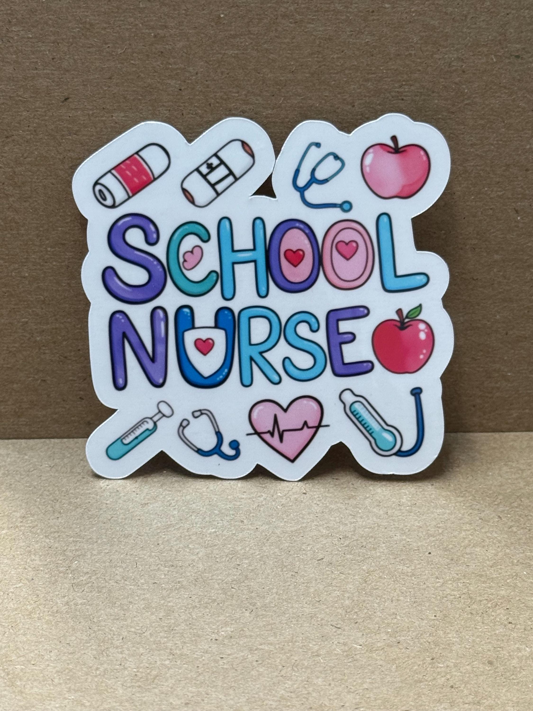A sticker with the word "School Nurse" written on it, surrounded by various medical and educational icons.