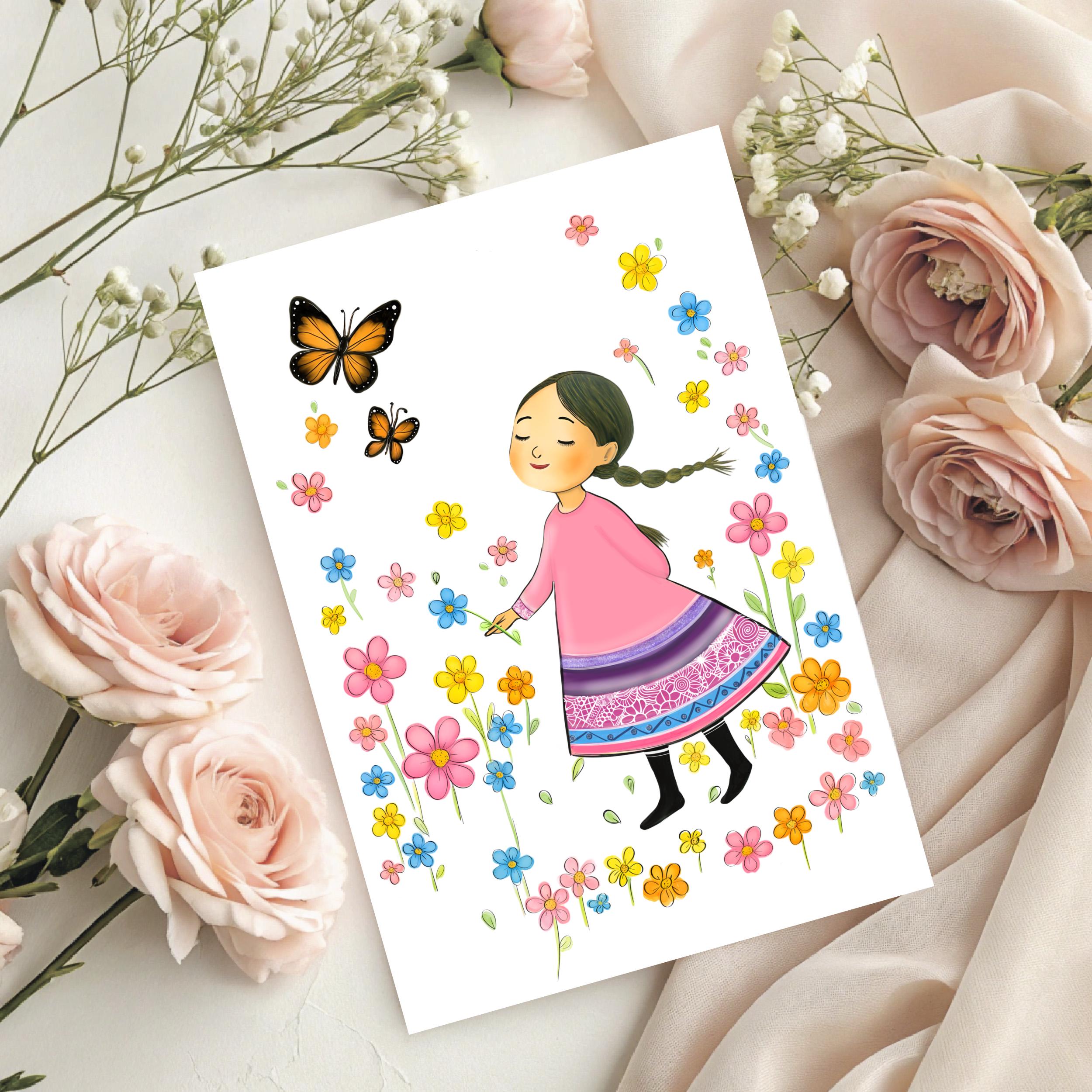 Whimsical Girl With Butterflies And Flowers  - Greeting Card Blank , all occasion Card, sticker to match card