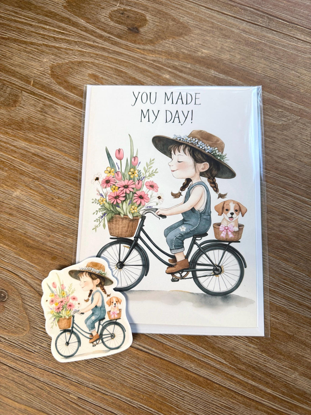 Whimsical Girl With Puppy And Flowers - Greeting Card Blank , all occasion Card