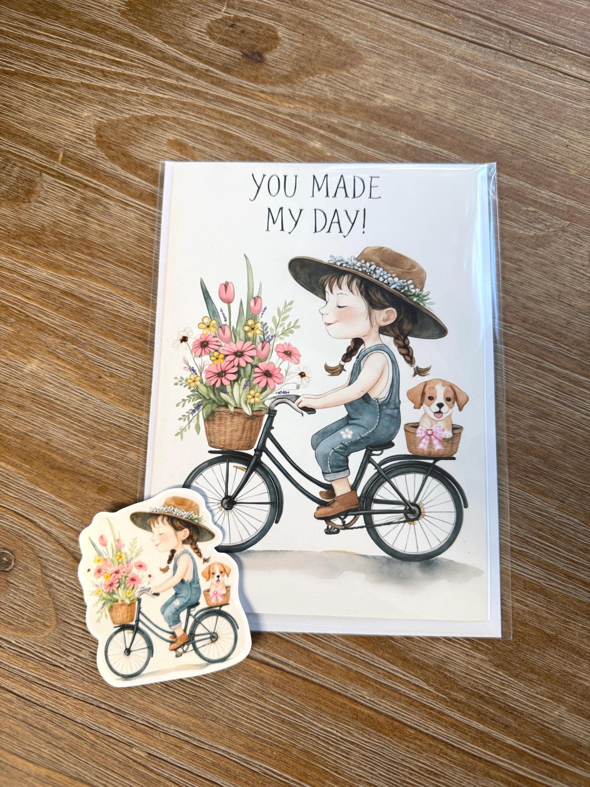 Whimsical Girl With Puppy And Flowers - Greeting Card Blank , all occasion Card