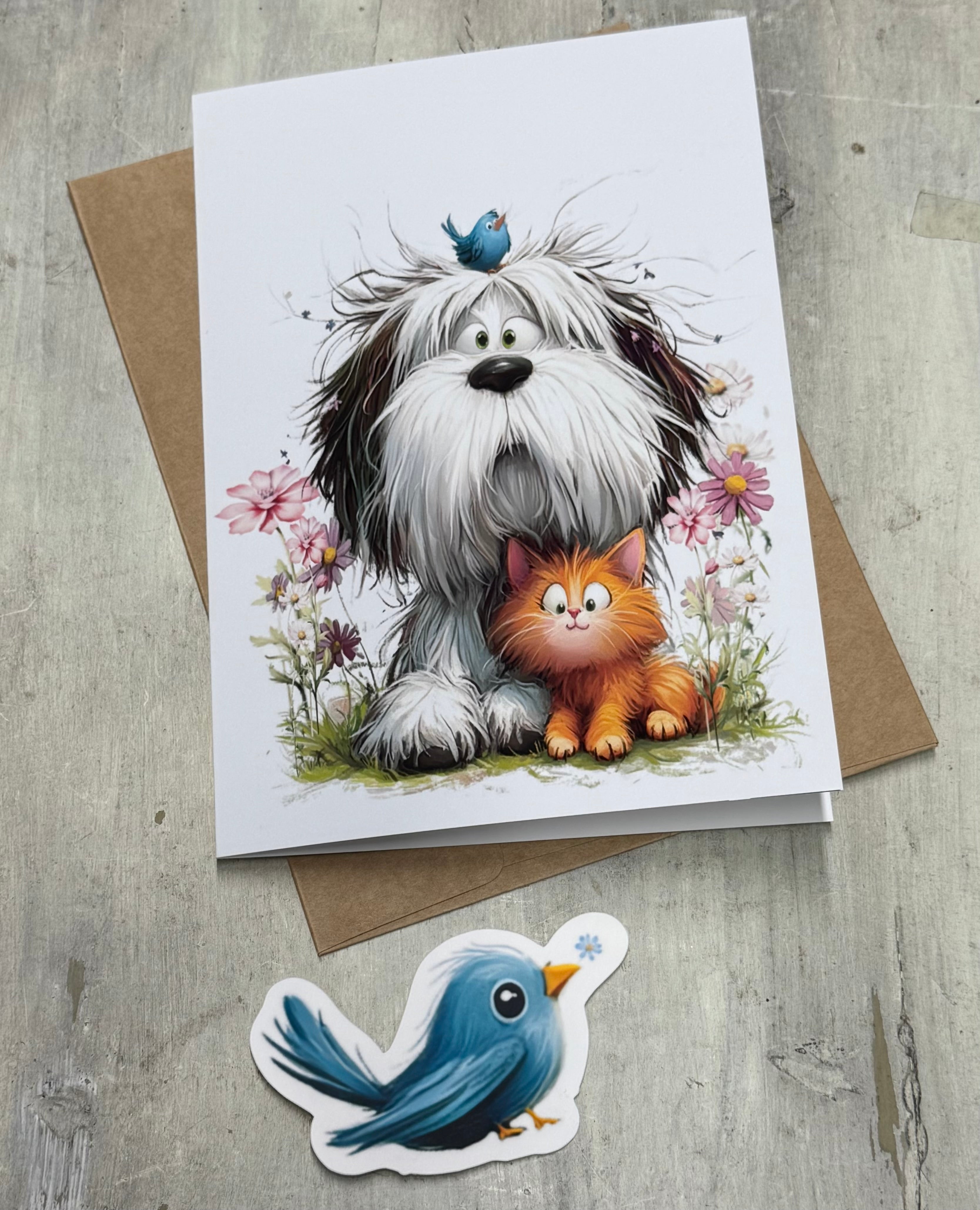 a white dog, an orange cat, and a blue bird, all sitting together in a natural setting with flowers.