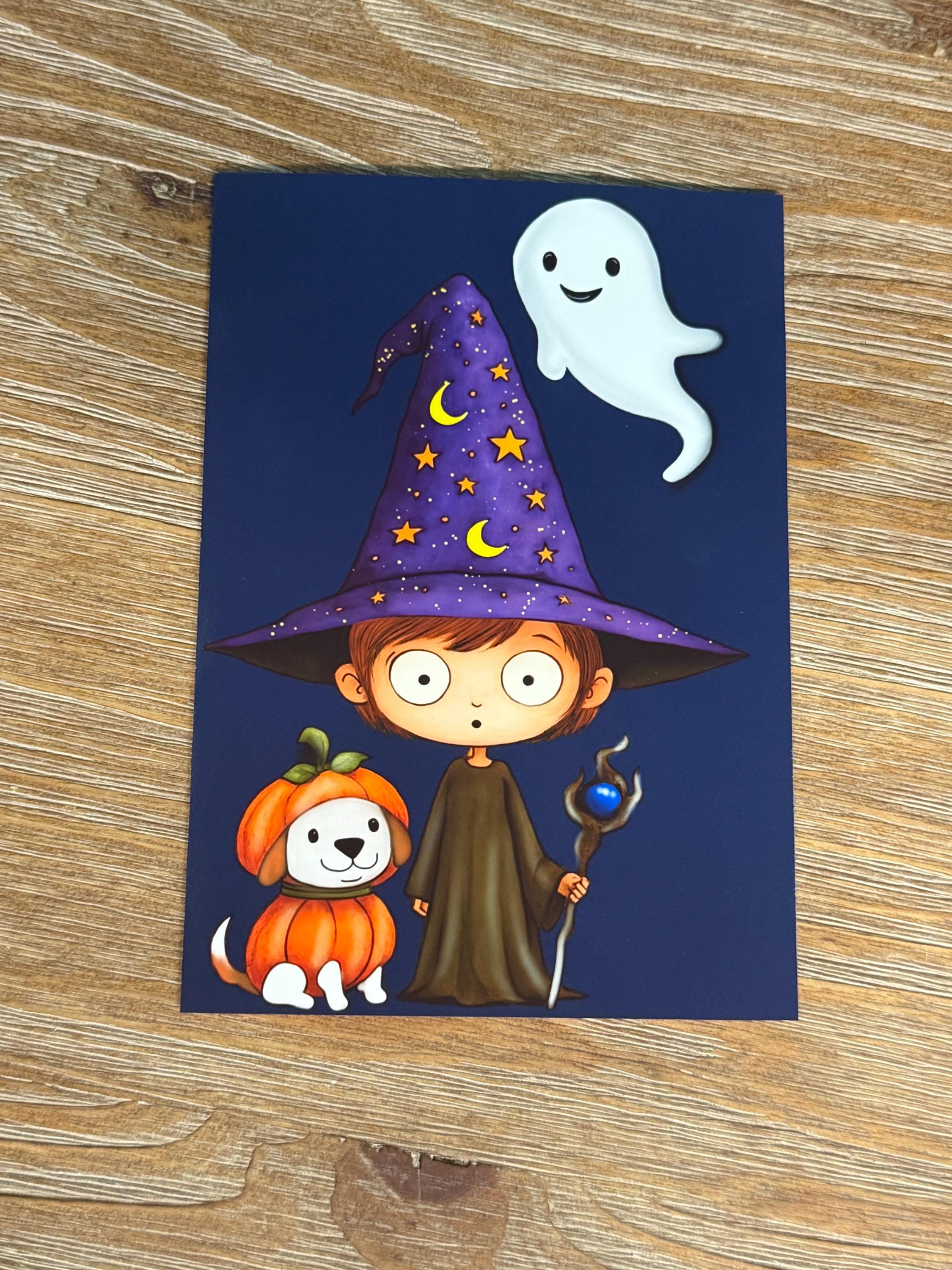 Wizard Boy And His Dog-Ghost And Pumpkins And Wizard , Greeting Card Blank , Halloween card, sticker to match card