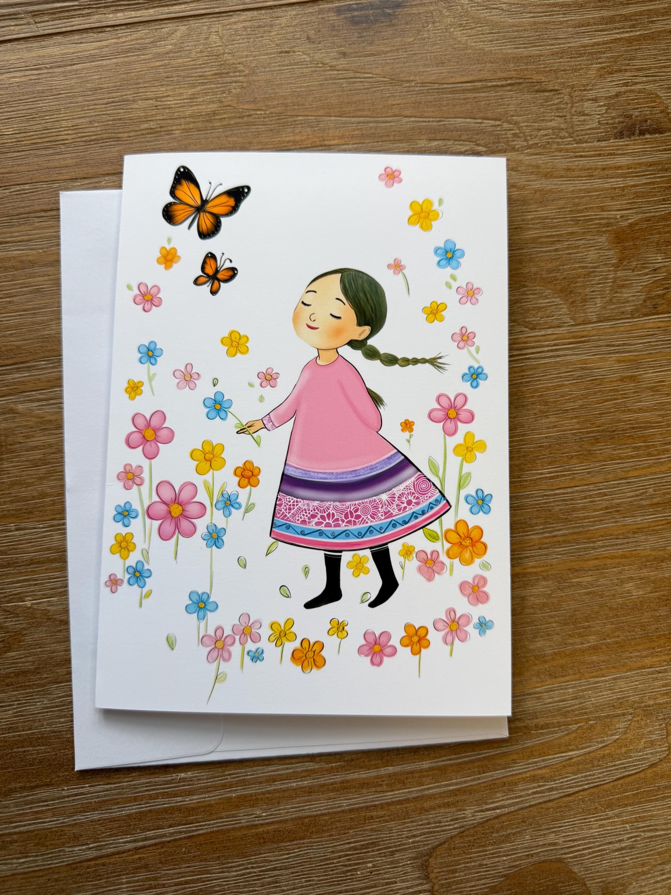 Whimsical Girl With Butterflies And Flowers  - Greeting Card Blank , all occasion Card, sticker to match card