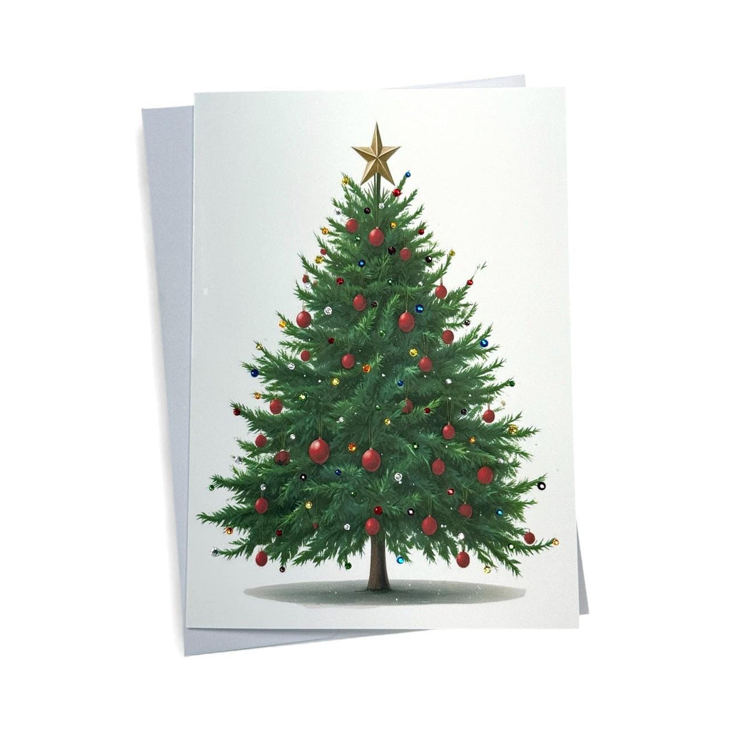 A large, beautifully decorated Christmas tree with red ornaments and a gold star on top, set against a plain white background.