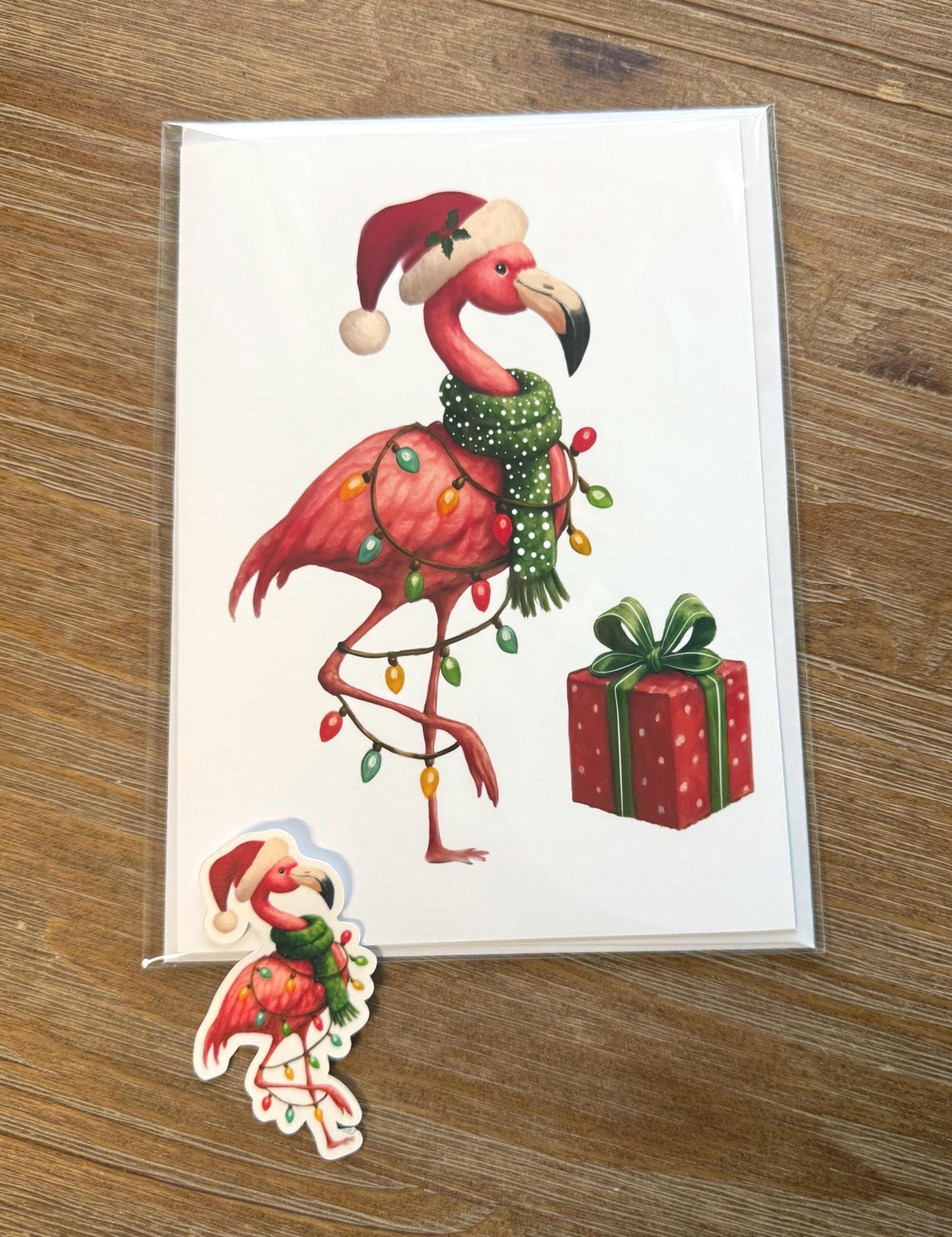 HoHo Flamingo All Wrapped Up In Christmas- Greeting Card Blank , Christmas Card, Flamingo Christmas all occasion Card, sticker to match card