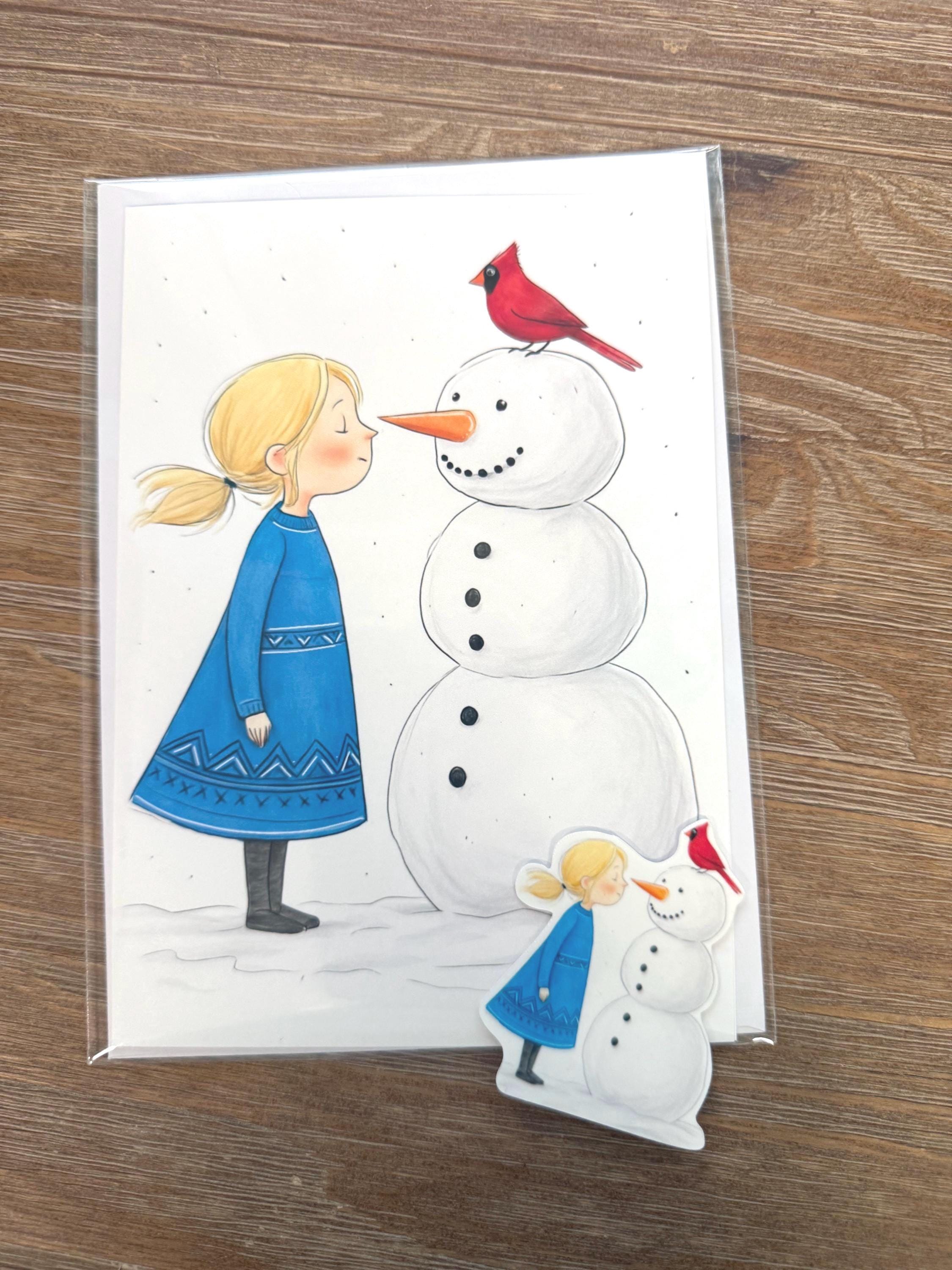 Whimsical Girl With Snowman - Greeting Card Blank , all occasion Card, Christmas Card, Red Cardinal