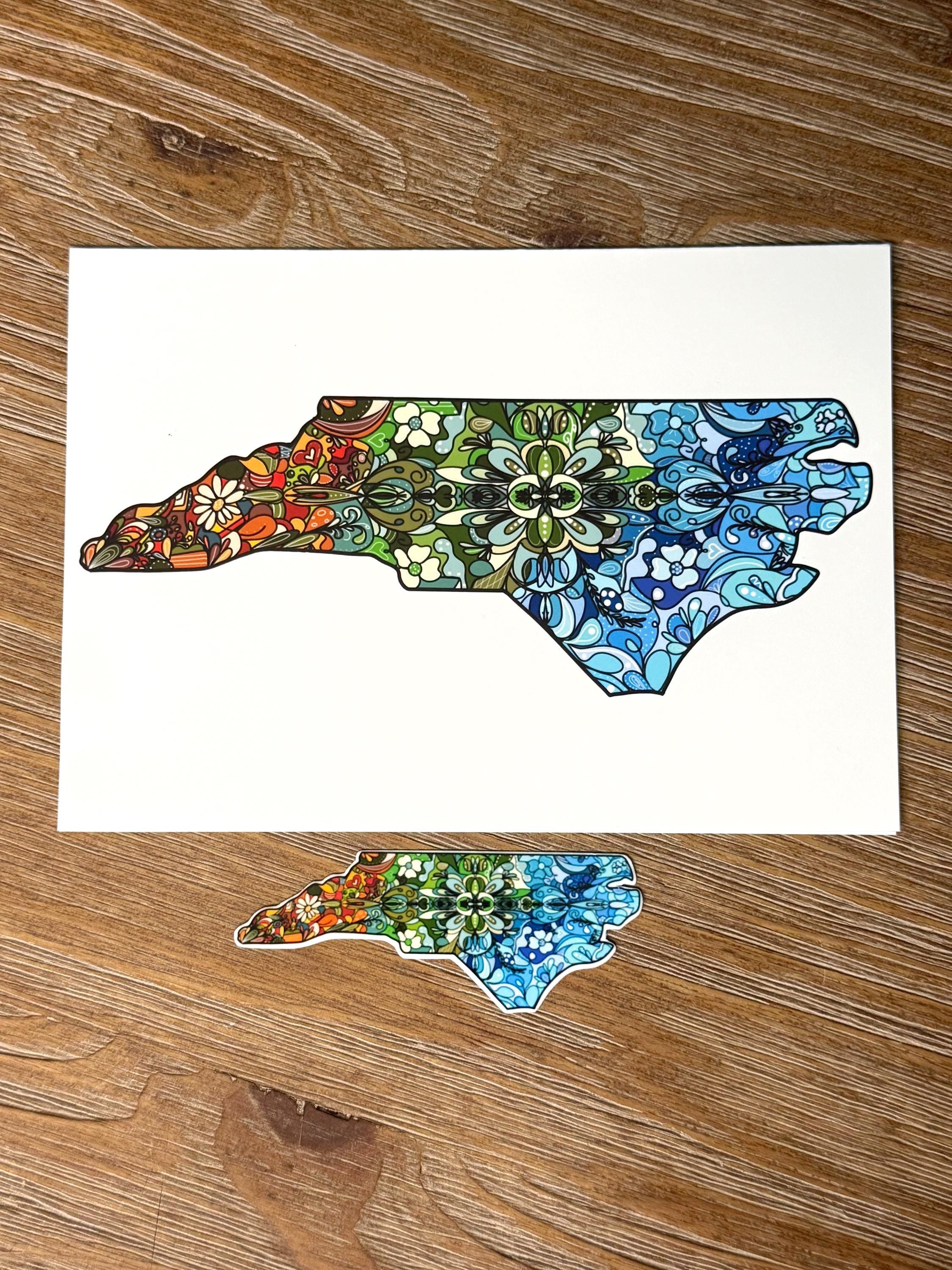 a colorful, intricate, and abstract representation of the state of North Carolina, with various patterns and designs in different colors.