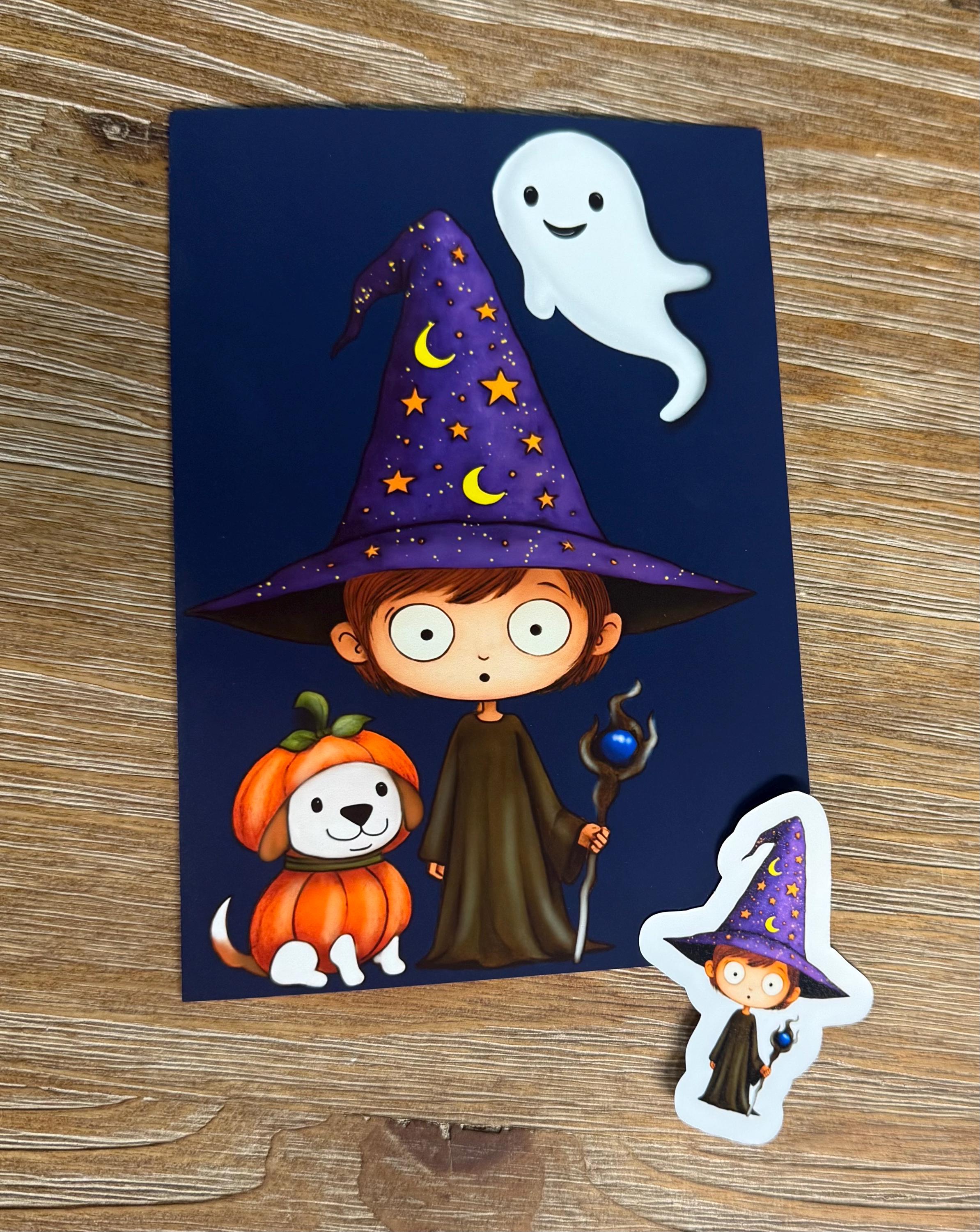 Wizard Boy And His Dog-Ghost And Pumpkins And Wizard , Greeting Card Blank , Halloween card, sticker to match card