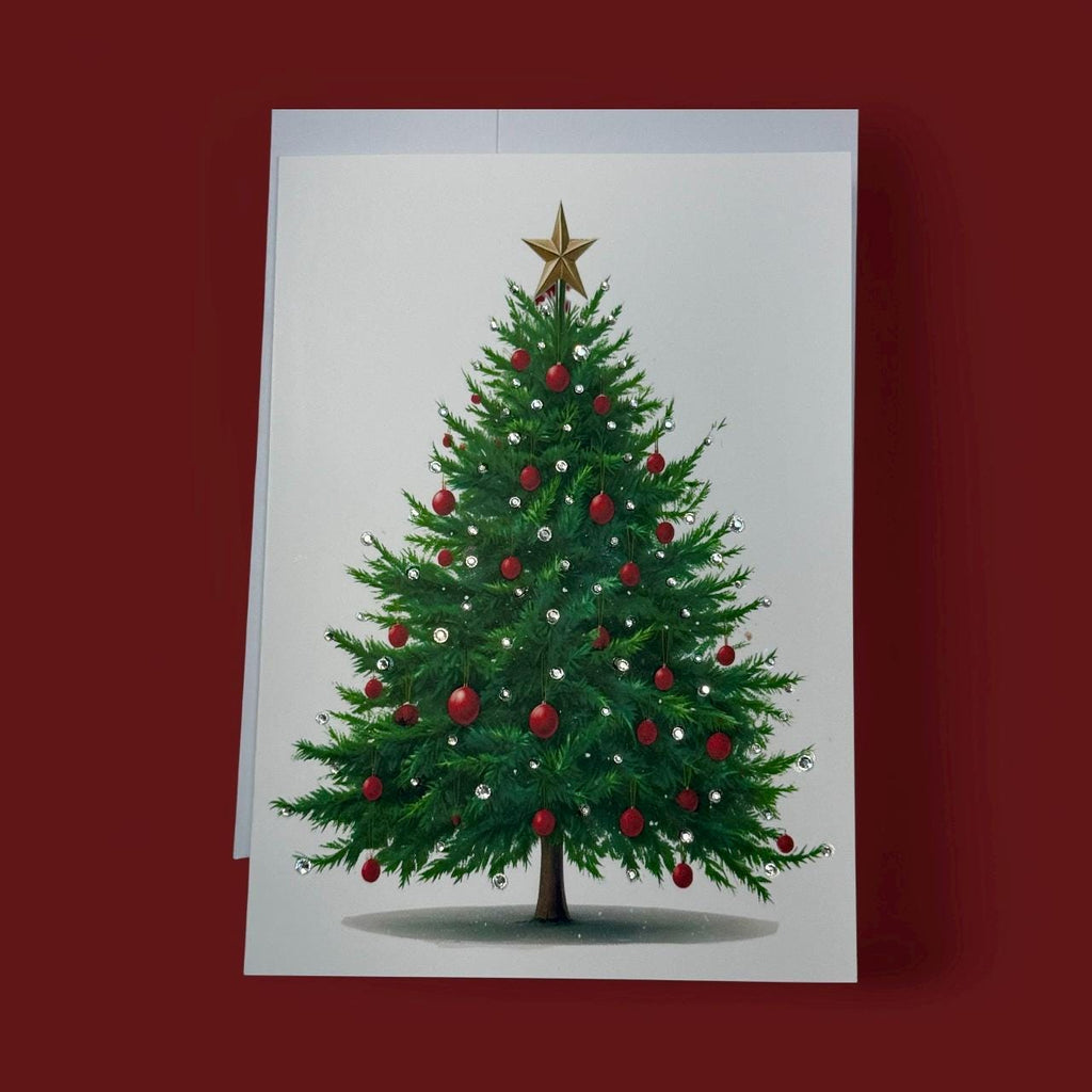 A Christmas tree adorned with red and gold ornaments and a gold star on top, set against a white background.