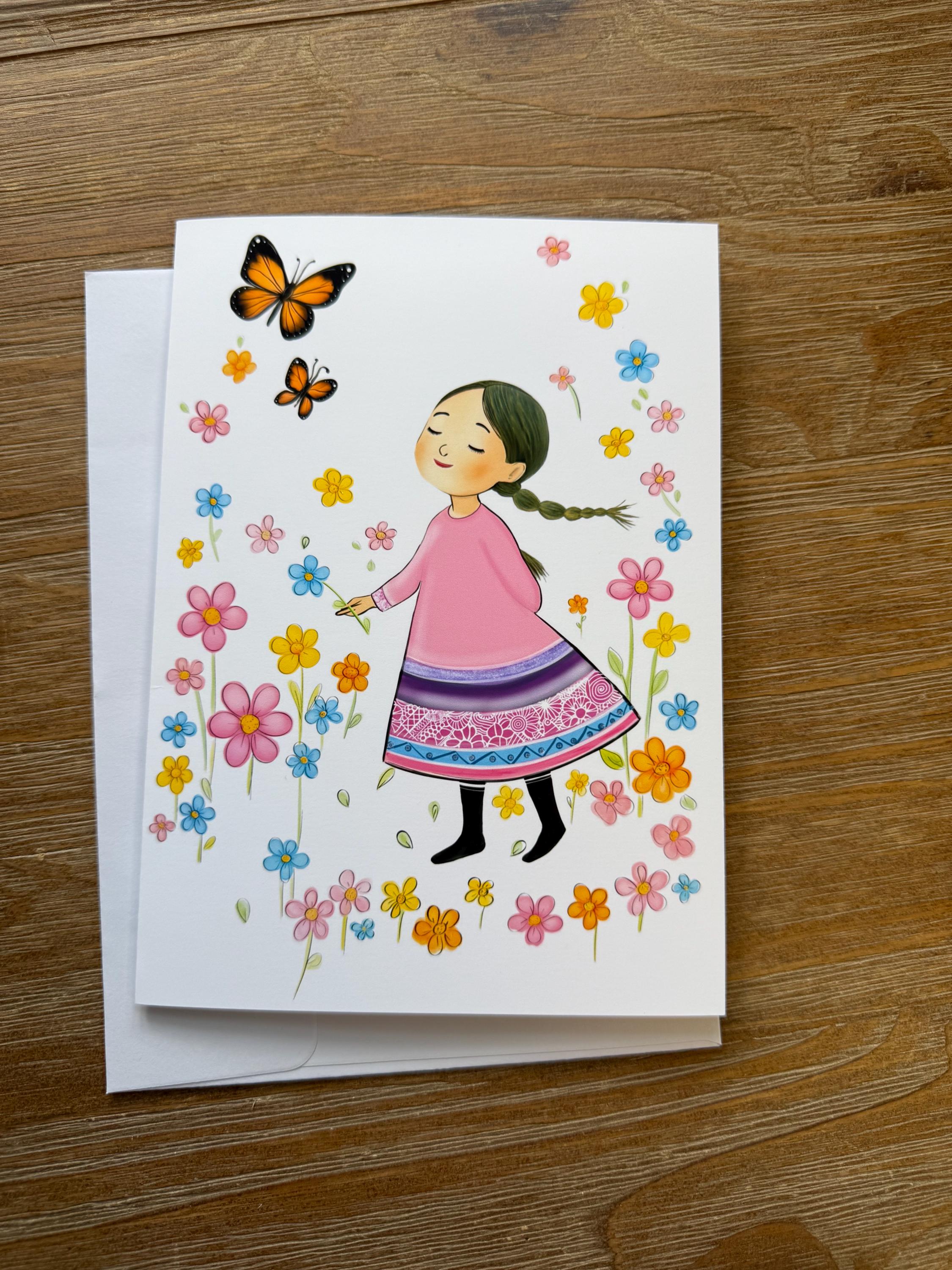 Whimsical Girl With Butterflies And Flowers  - Greeting Card Blank , all occasion Card, sticker to match card