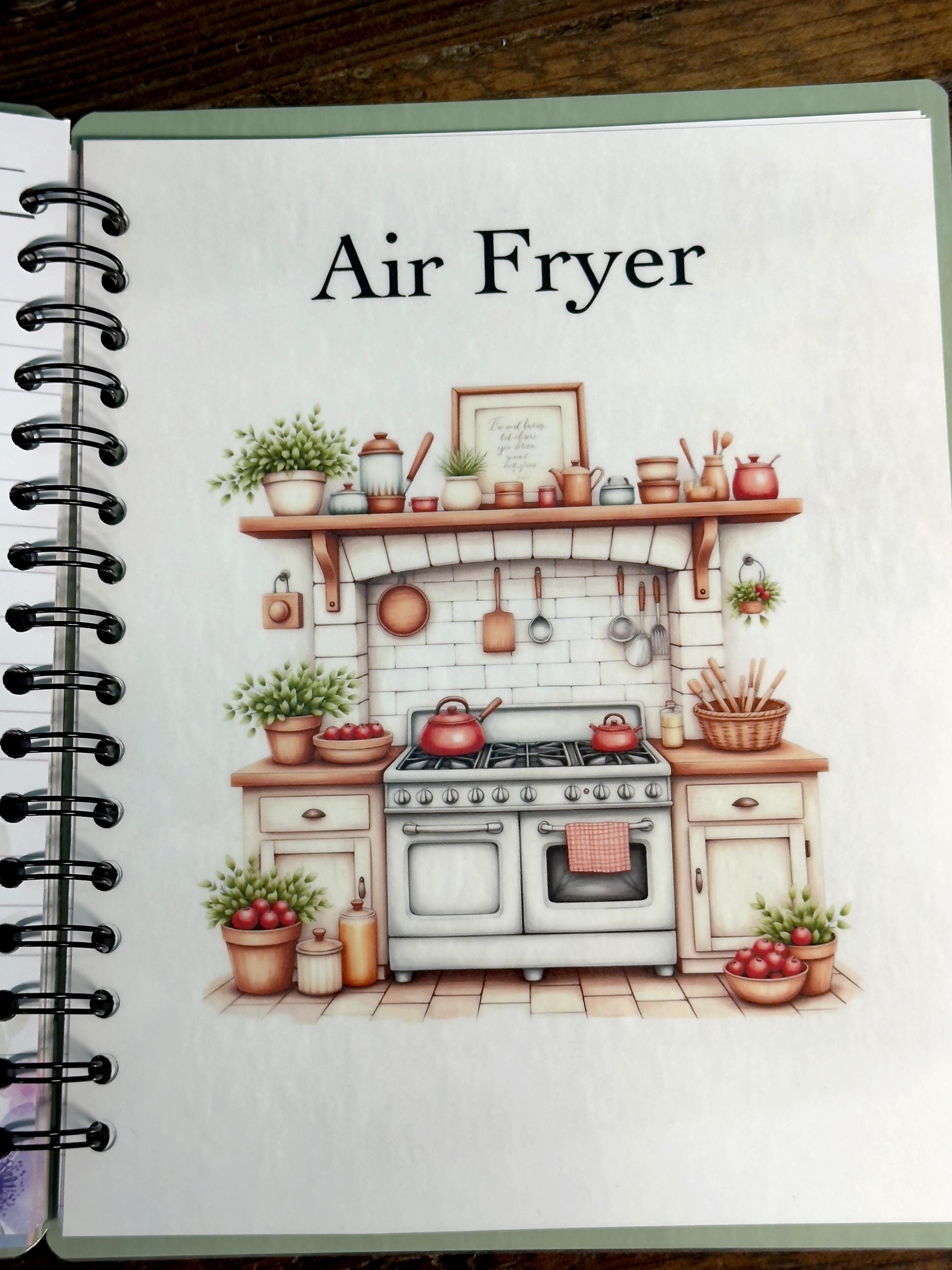 The image is a page from a cookbook or recipe book, featuring an illustration of a kitchen with various cooking utensils and appliances, including a stove, oven, and potted plants.