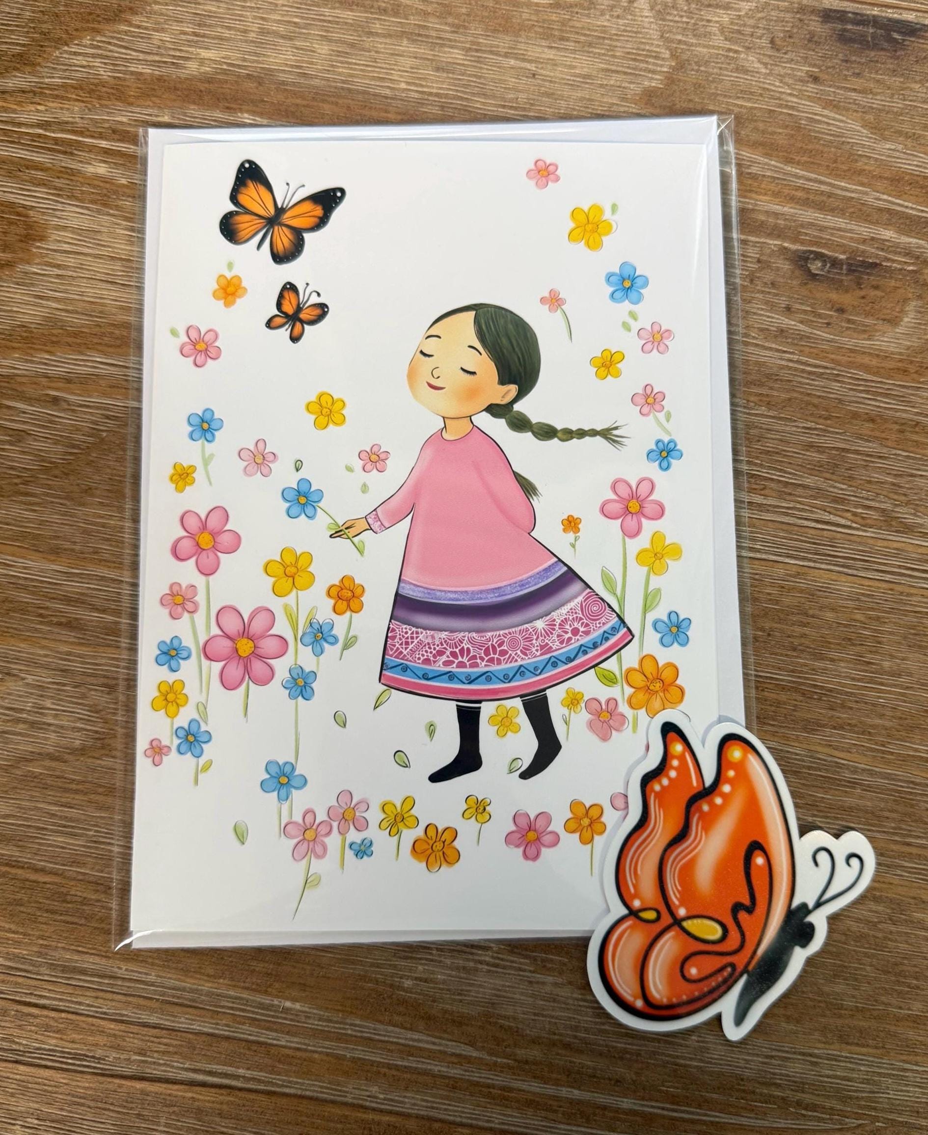 Whimsical Girl With Butterflies And Flowers  - Greeting Card Blank , all occasion Card, sticker to match card