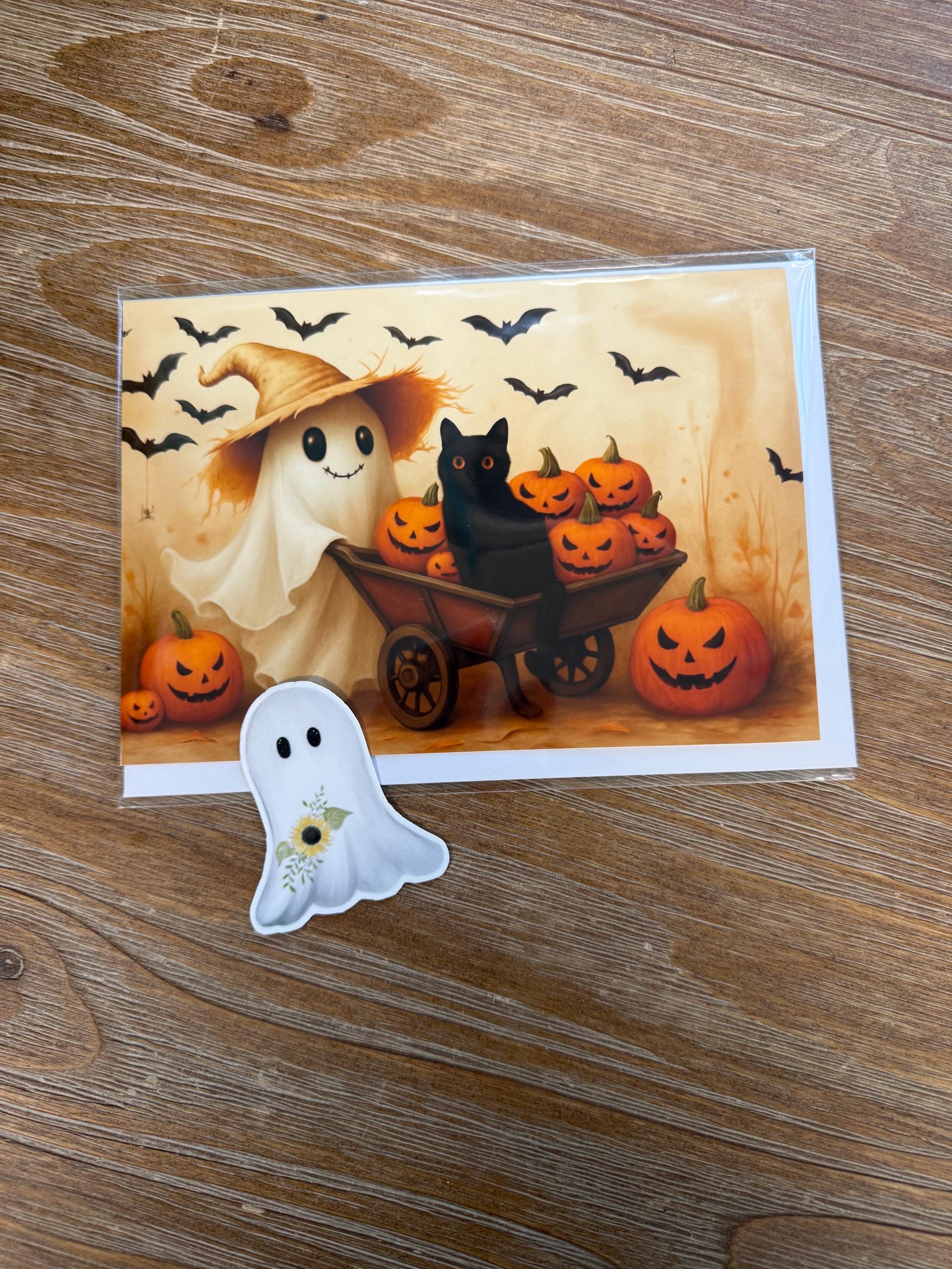 Spooky Halloween Card   -Ghost And Pumpkins , Greeting Card Blank , Halloween card, sticker to match card