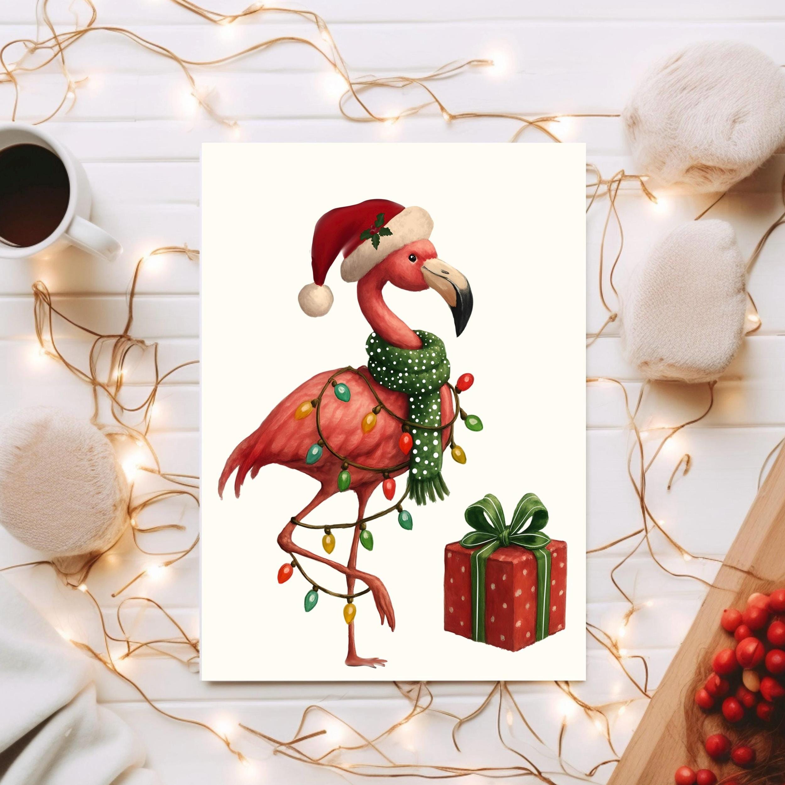 HoHo Flamingo All Wrapped Up In Christmas- Greeting Card Blank , Christmas Card, Flamingo Christmas all occasion Card, sticker to match card