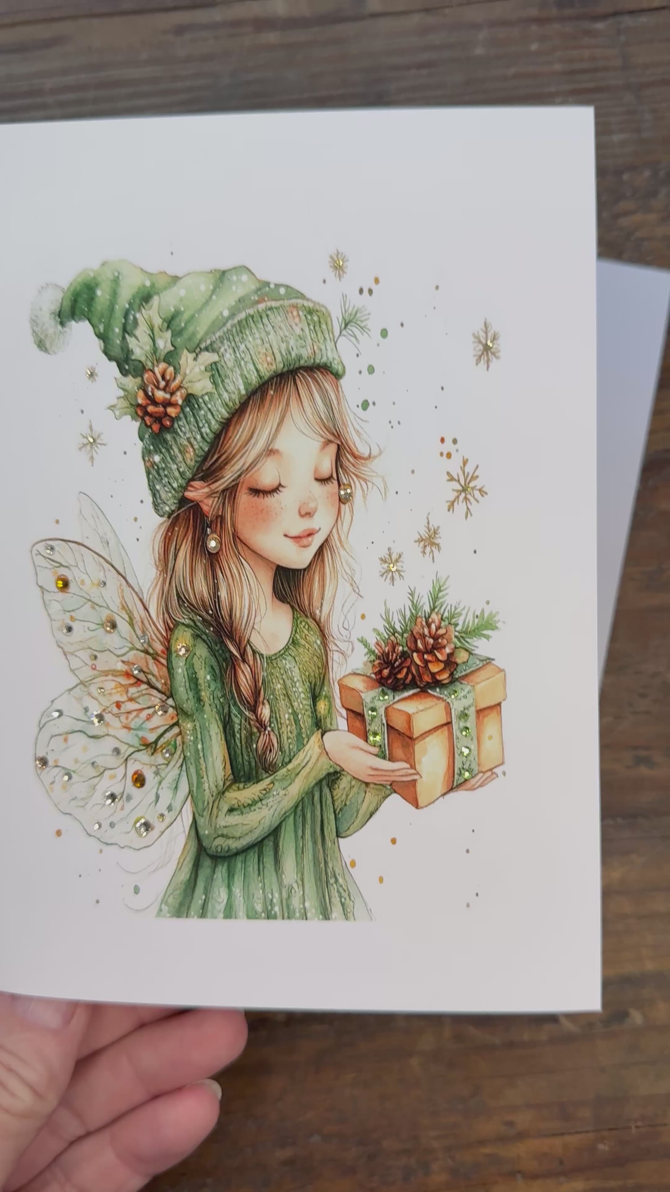 Christmas Fairy Greeting Card with Crystal-Adorned Present